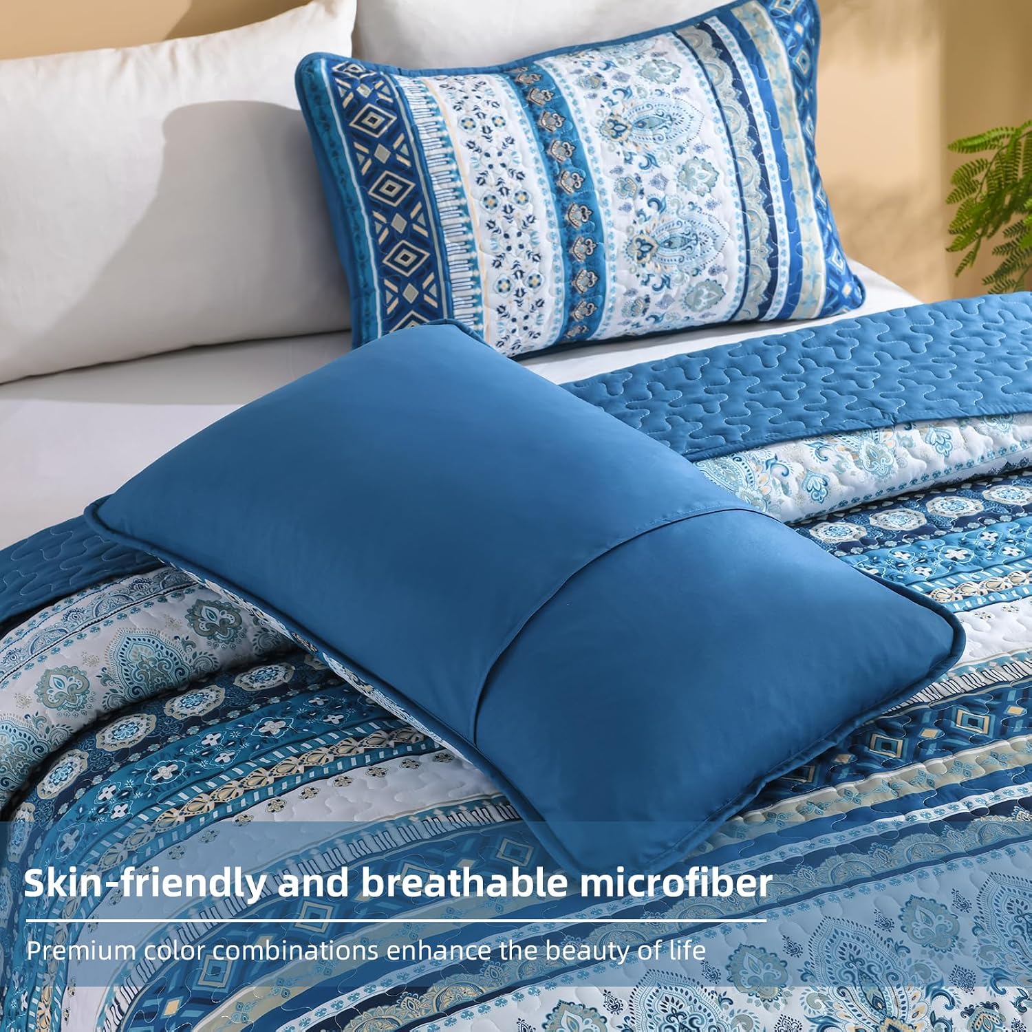 Goodidea Boho Quilt Set Queen Size,3 Piece Teal Blue Bohemian Striped Bedspread Coverlet Set with 2 Pillow Sham Lightweight Soft Microfiber Bedding Set for All Seasons (96"x90")