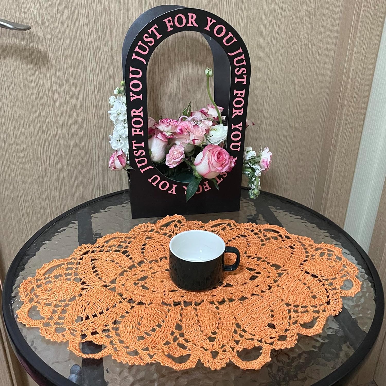 BIBITIME Crochet Knitted Table Doilies Lace Doily Handmade Placemats Kitchen Cup Mug Mats (4PCS-11.8" x 22", Style03-Orange)