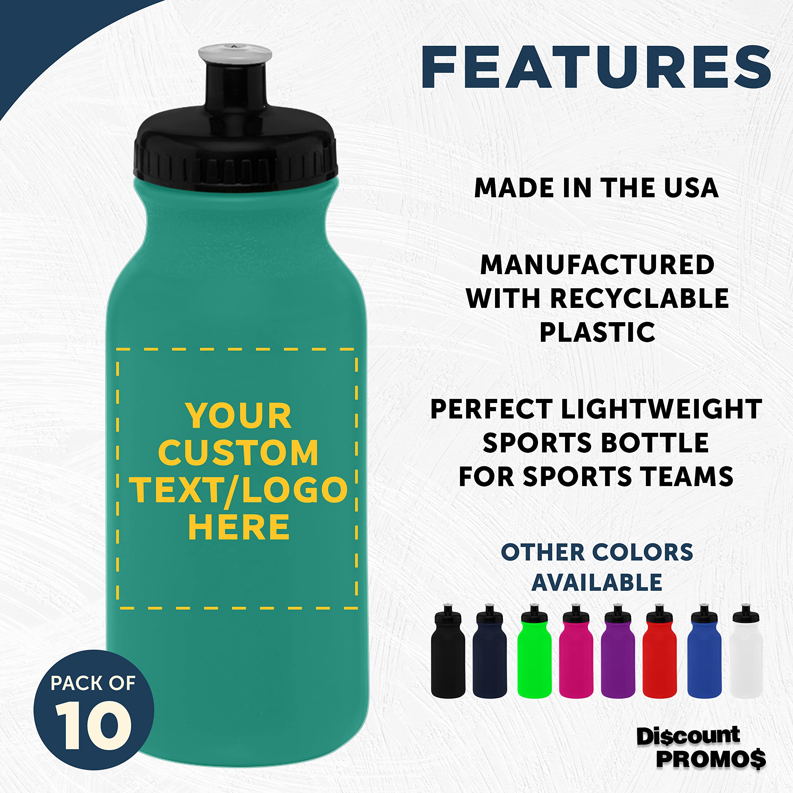 DISCOUNT PROMOS Custom 20 oz. Water Bottles with Push Cap Set of 10, Personalized Bulk Pack - Perfect for Gym, Hiking, Camping, Outdoor Sports - Teal