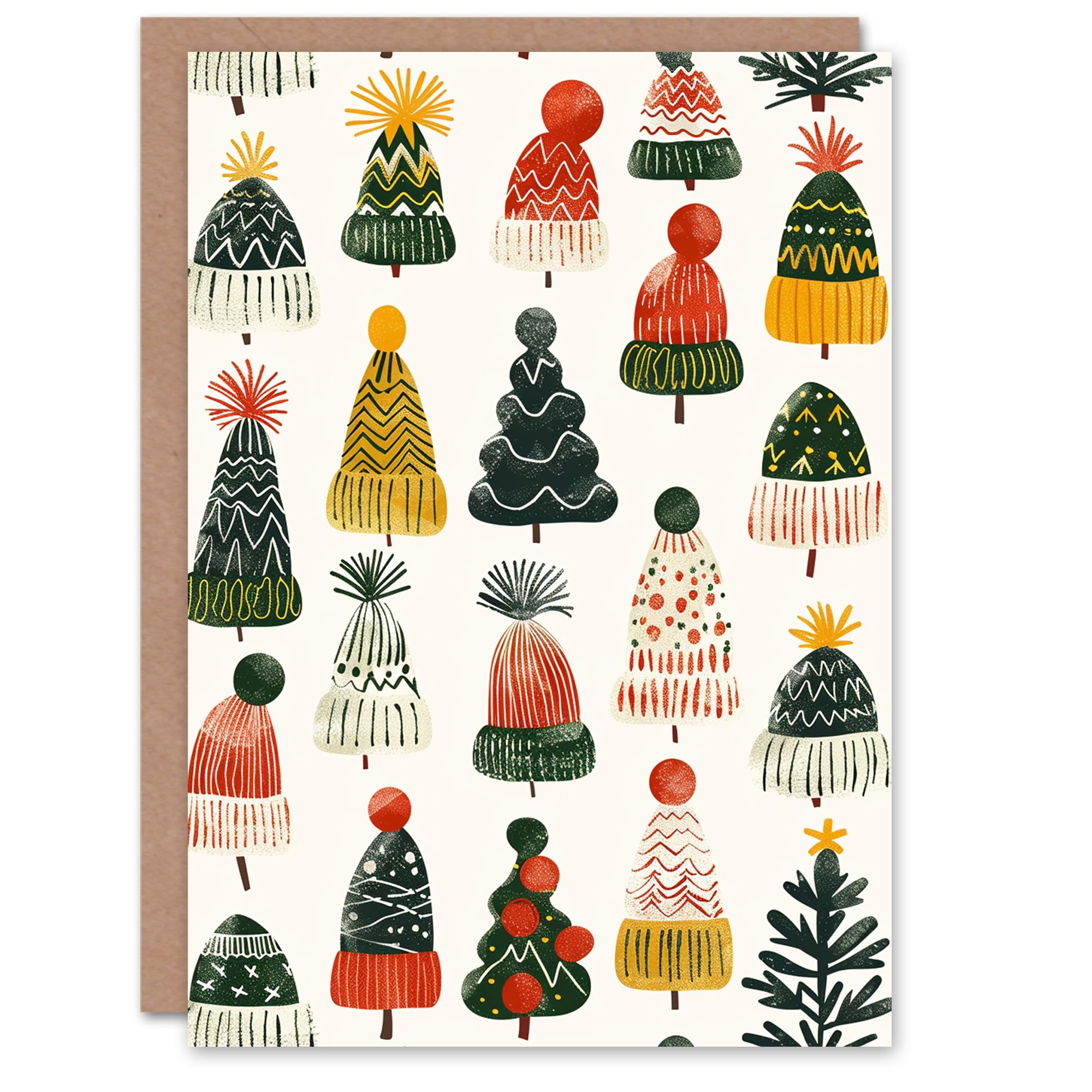 Knit Winter Hats and Trees Bright Christmas Fun Gift Festive Xmas Card