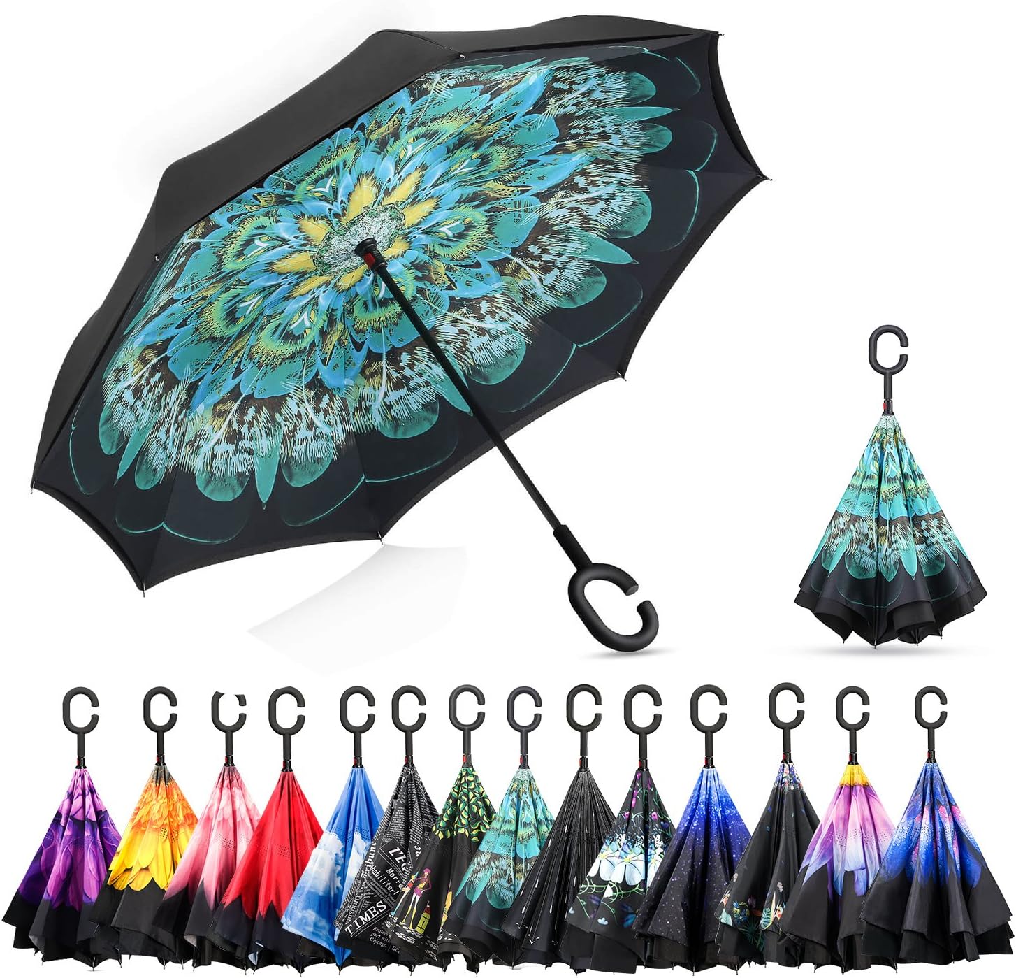 Elover Inverted Umbrella with C-Shaped Handle Inside Out Windproof Umbrella Upside Down Reverse Umbrella Double Layer Travel Umbrella