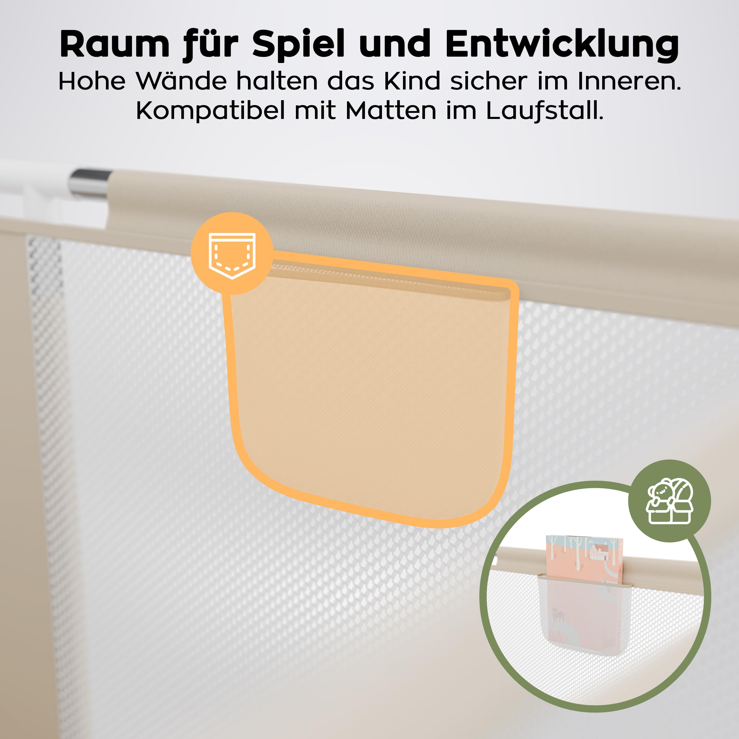 Tulano Cozy 20 Laufstall Baby 130x130 cm mit Boden – Spielgitter für Babys 6 bis 36 Monate – Tragbar Innen Außen – Faltbar – Netzwände – Metallrahmen – Kinderschutz – Reisegitter – Laufgitter – Beige