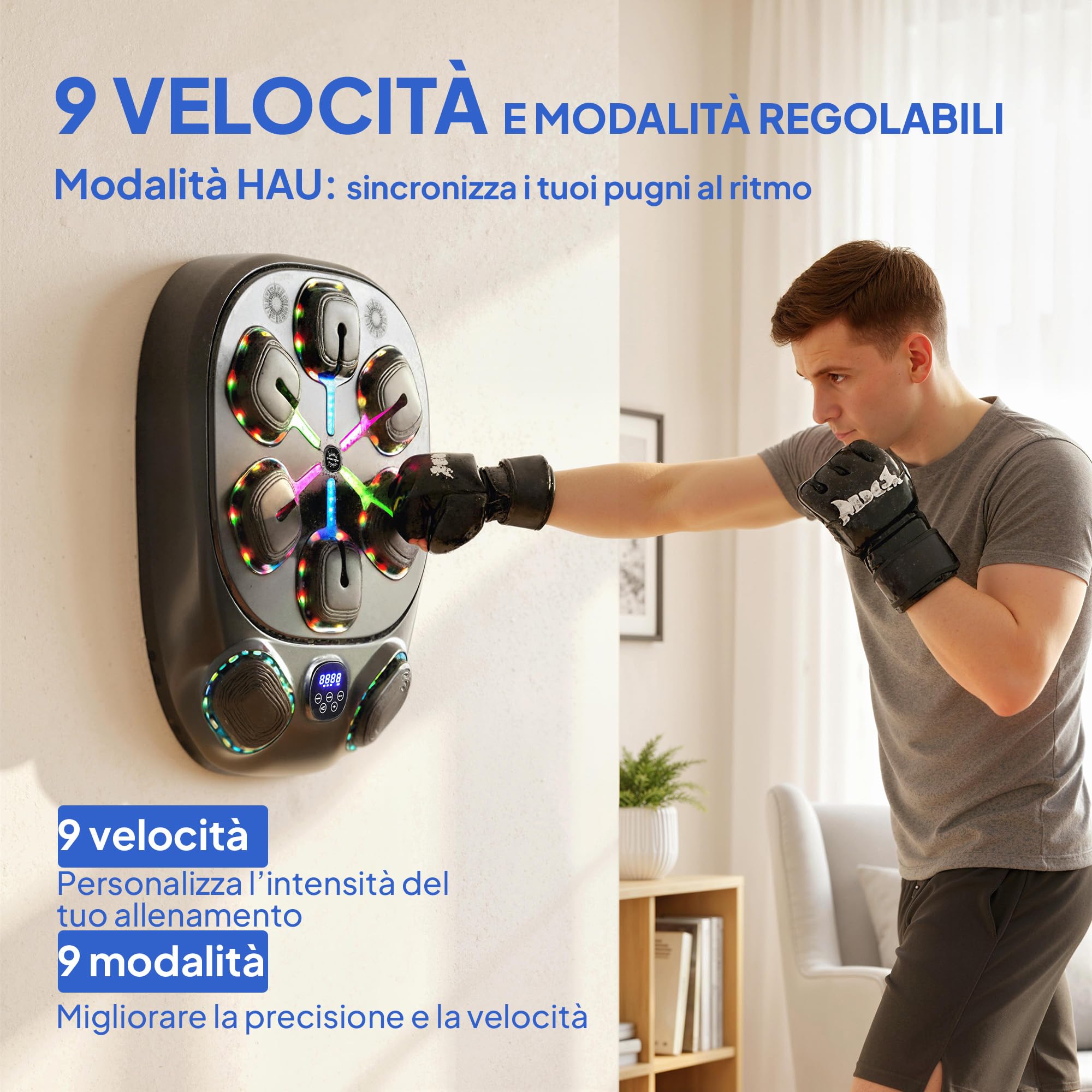SPORTNOW Macchina da Boxe Musicale a Parete con 9 modalità e Luci LED Multicolore, Music Boxing Machine per Adulti con Connessione Bluetooth, per Casa e Palestra, 61x48x11 cm, Nero