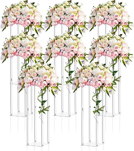 Geetery Jarrón acrílico alto de 8 piezas para centros de mesa de boda, soporte de flores transparentes, columna geométrica floral, elegante soporte