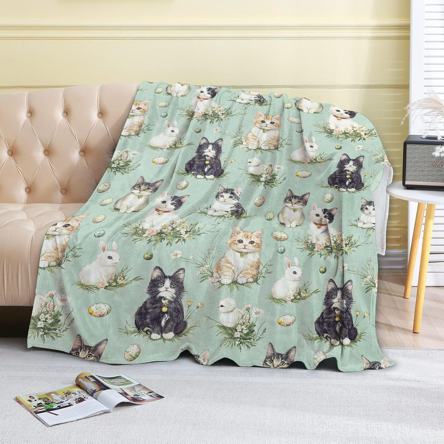 Cat and Bunny Fleece Blanket - 50x60in Cute Rabbit and Easter Egg Green Throw Blankets,Soft Cozy Lightweight, Ideal for Living Room Home Blue Decor and Kids Women Girls Spring Gifts - Image 2
