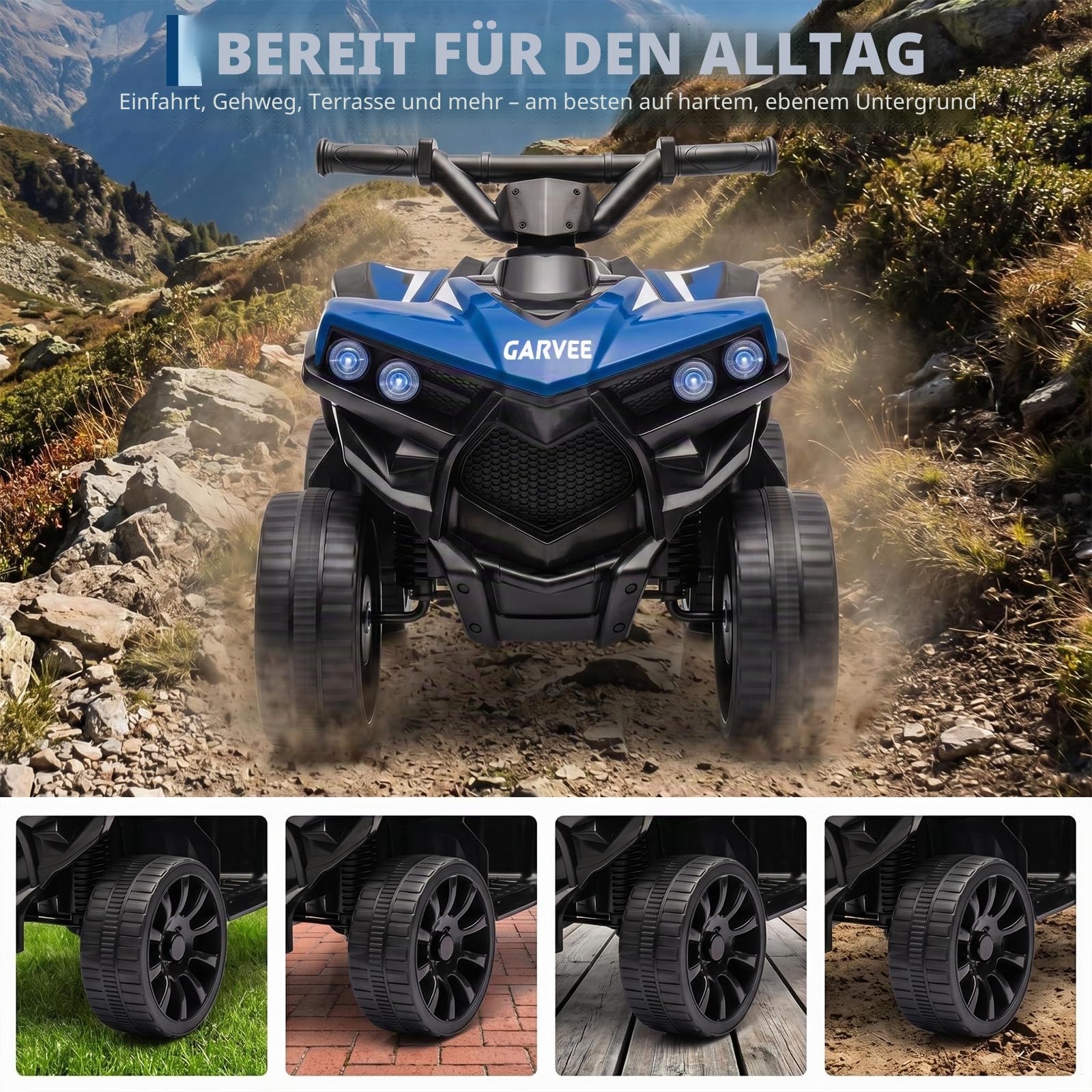 Robustes Elektro-Quad für Kinder ab 3 Jahren – 6V ATV Kinderfahrzeug mit LED-Lichtern, Musik, Hupe, 1,5–3 km/h, rutschfesten Rädern, sicheres Spielzeugauto – Blau