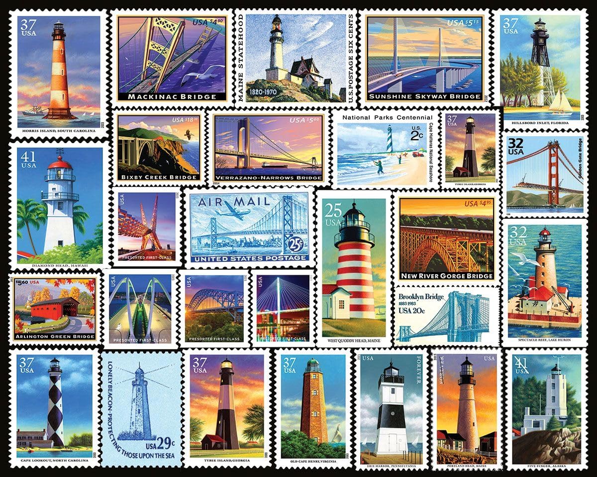 White Mountain 1000 Piece Jigsaw Puzzle Coastal Scenic Landmark Collage Puzzles with Large Pieces for Adults and Family 24"x30" - Lighthouses & Bridges