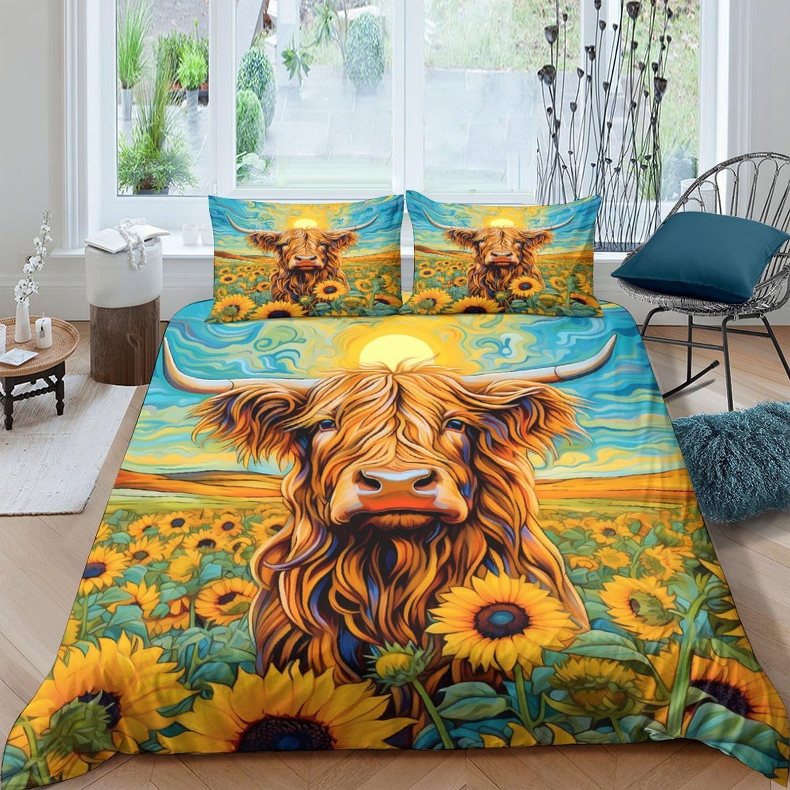 Ctjqhvkz Style-4 3D Printed Sunflower Highland Cow Fitted Sheet Microfiber Sky Field Bed Cover Non Slip Bedroom Mattress Protector Single（135X200cm）