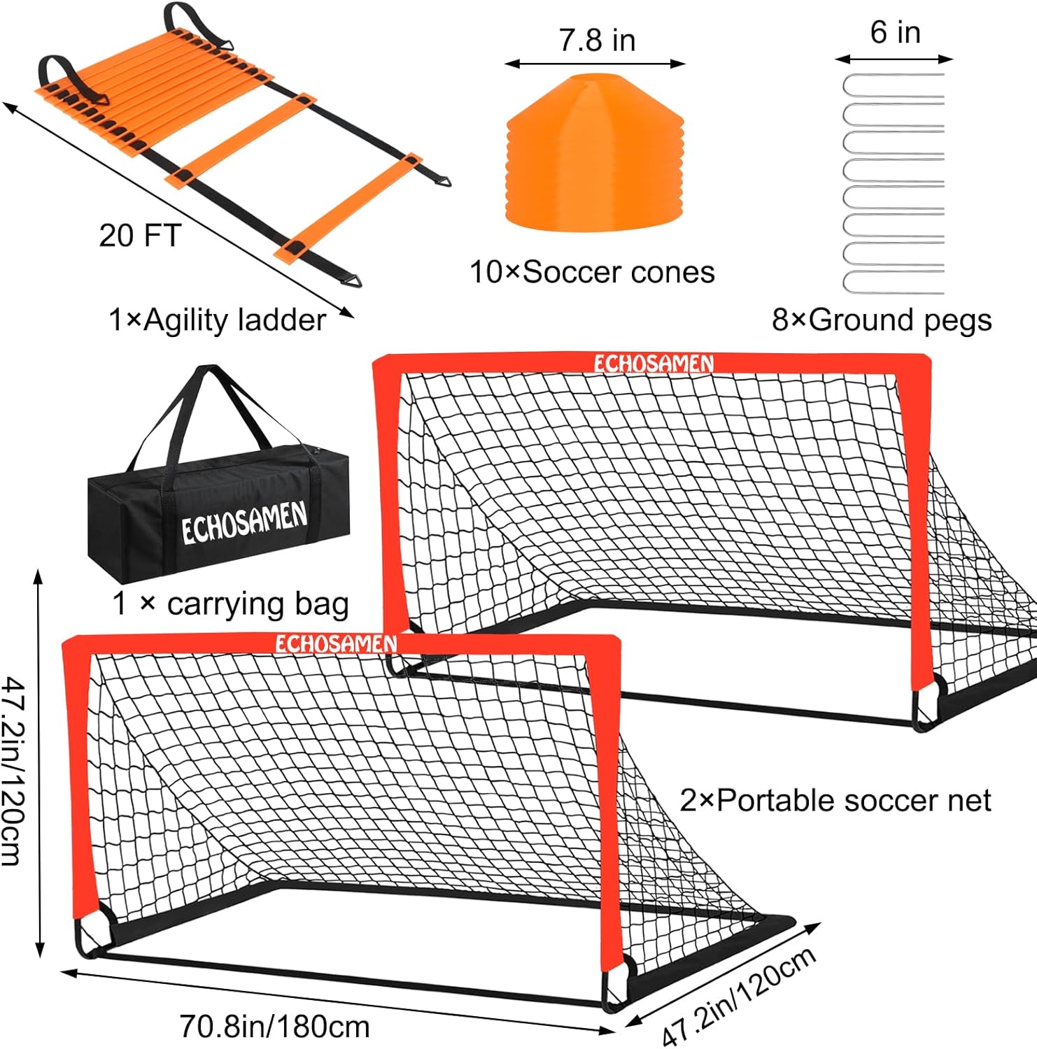 Kids Soccer Goals for Backyard, 2 of 6 x 4 ft Kids Soccer Goal Set Soccer Net with 10 Soccer Cones, Agility Ladder & Carry Bag, Portable Soccer Training Equipment.