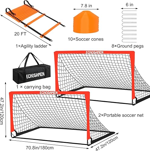 Miniatura 2 de Porterías de fútbol para niños para patio trasero, 2 de 6 x 4 pies, red de fútbol para niños con 10 conos de fútbol, escalera de agilidad y bolsa de