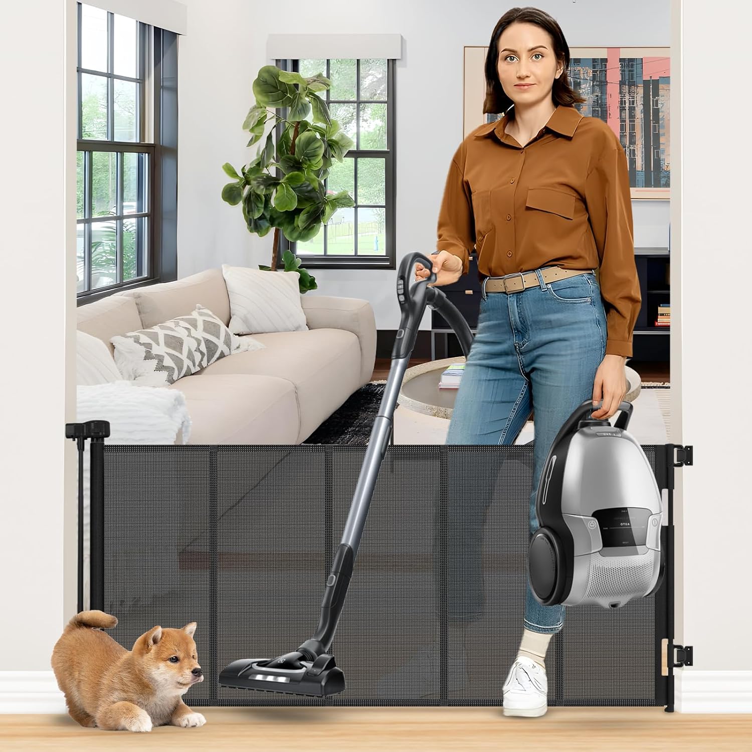 26 Inch Tall Step Over Retractable Dog Gate with Reinforced Bars 55" Wide Small Puppy Gates for The House Short Retractable Baby Gates for Doorway Mesh Dog Gate Indoor Doggie Gate Retractable Pet Gate