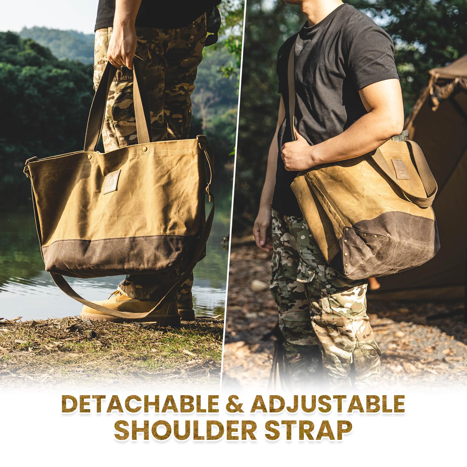 OneTigris Grande borsa tote in tela cerata con borsa arrotolabile per attrezzi rimovibile, grande capacità da 36 l, borsa in tela resistente e borsa tattica per campeggio, giardinaggio, shopping,
