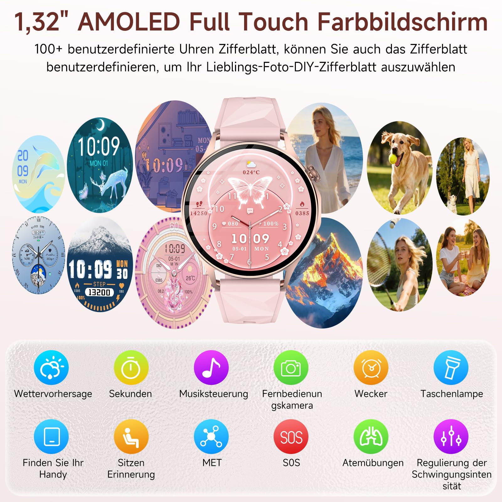 Smartwatch Damen mit EKG, HRV/Blutdruckmessung, 1.32" AMOLED Gesundheitsuhr | Telefonfunktion, 24H Mikro-Check, Puls, Schlaf, SpO2, Harnsäure, BMI, Temperatur & Zyklus, SOS, Fitnessuhr für iOS/Android