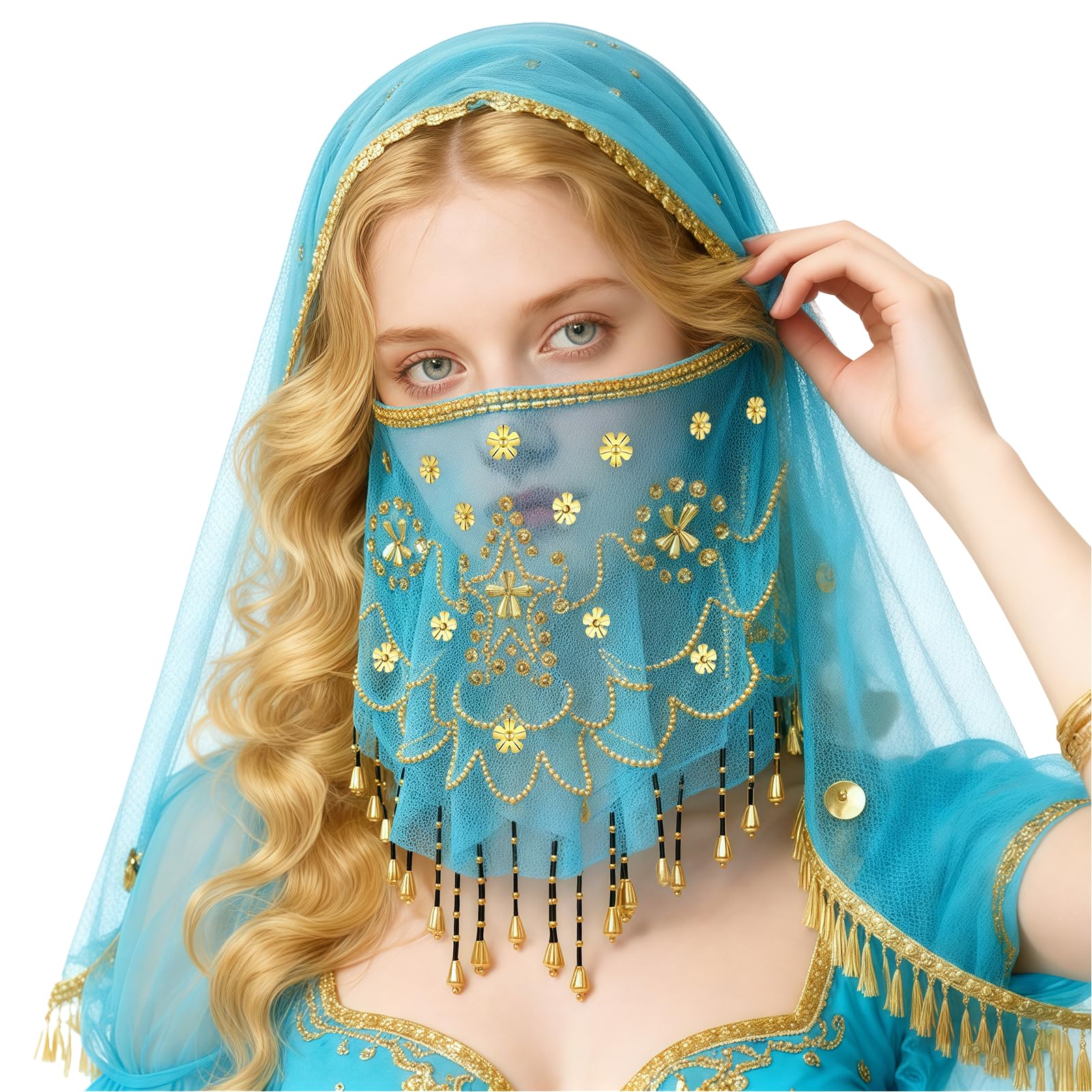 Baisdan Belly Dance Face Veil with Beads Sequins Cosplay Halloween Carnival Costume Accessory