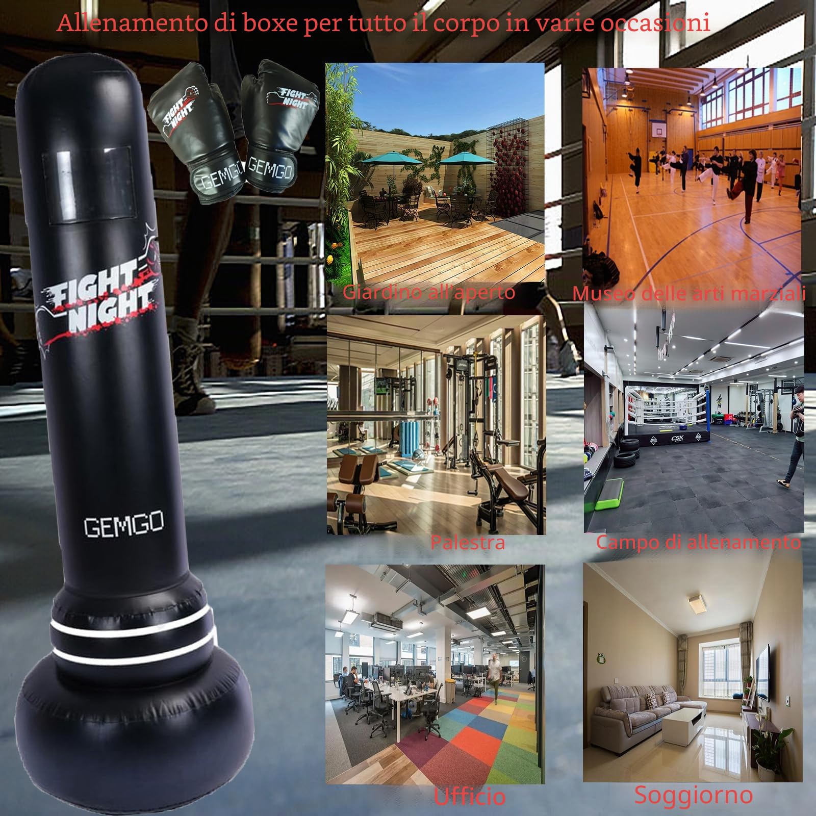 Sacco da boxe in piedi, 180 cm, in PVC, con guanti da boxe in poliuretano, adatto per l'allenamento di boxe di adolescenti e adulti, donna Taekwondo MMA aiuta ad alleviare lo stress
