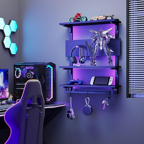 Miniatura 3 de Spacesea Estantes flotantes plegables para juegos con estante ajustable, estantes montados en la pared de 24 pulgadas con LED dinámico, estantes