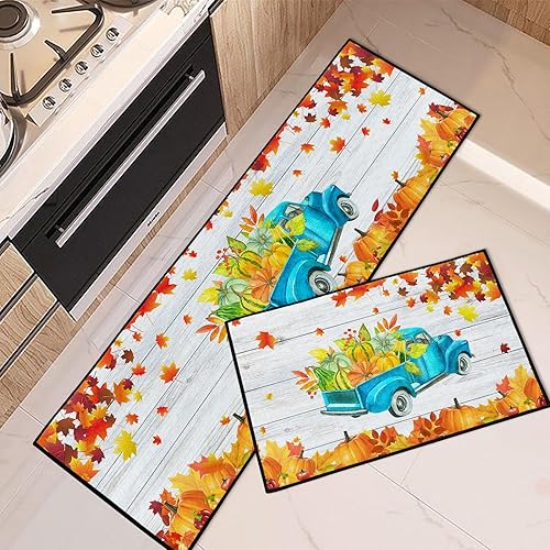 Miniatura 1 de Juego de 2 alfombras y tapetes de cocina de otoño, antideslizantes, lavables, juego de 2, tapetes de cocina de calabaza de cosecha de camión de