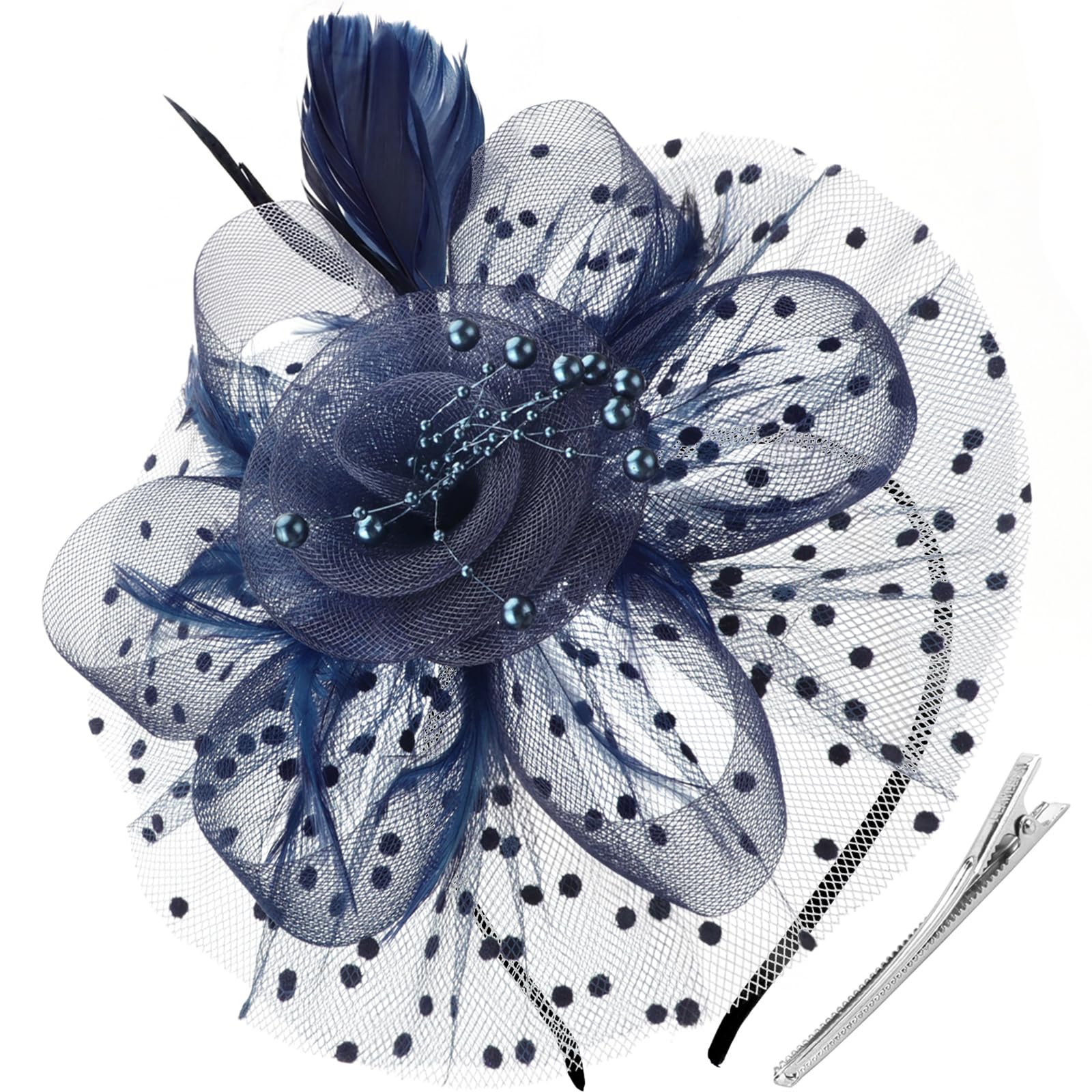 DRESHOW Fascinators Hat Flower Mesh Ribbons Feathers on a Headband and a Clip Tea Party Headwear for Girls and Women
