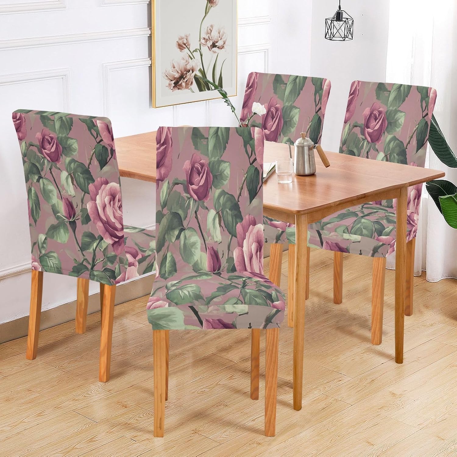 ALAZA Chair Covers for Dining Room, Romantic Rose Spring Flower Stretch Chair Cover Sets Chair Protector Removable Washable for Ktichen Restaurant Hotel