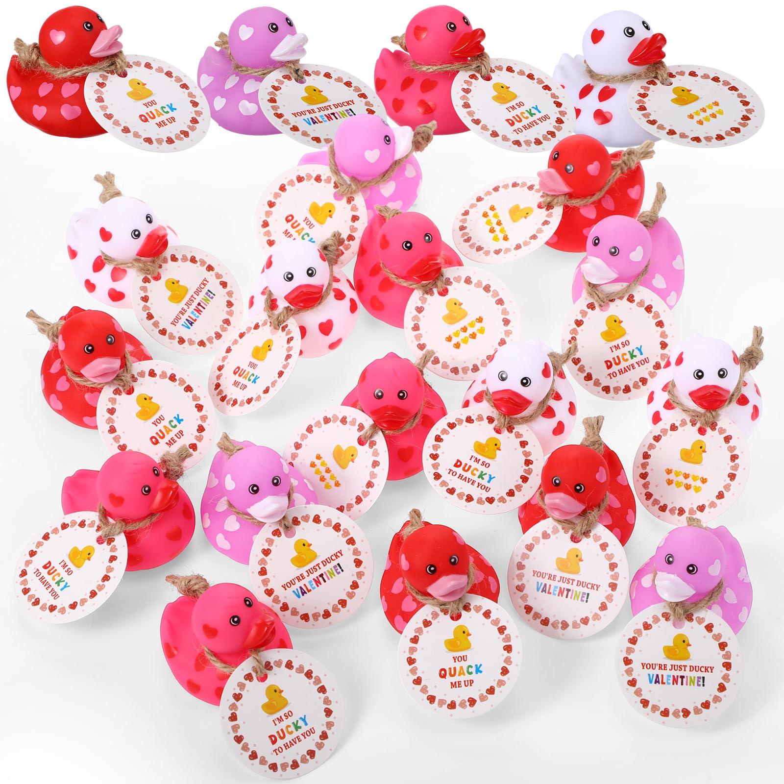 Jerify 12 Pcs 2 Inch Mini Valentine Rubber Duckies with Gift Cards Valentine's Day Heart Rubber Ducks Bath Toys for Classroom Exchange Carnival Party Favors Game Prize