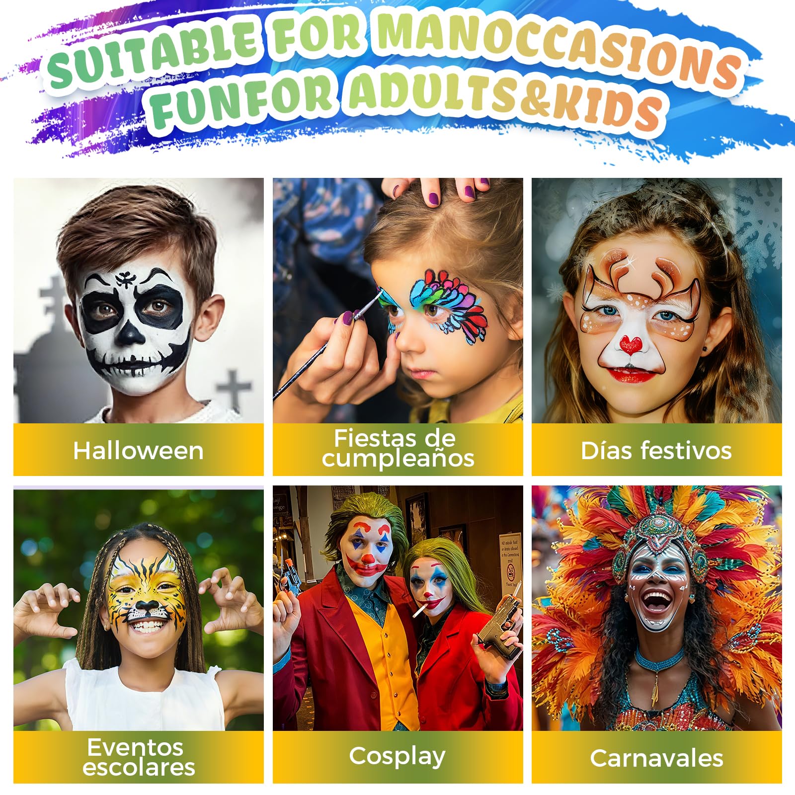 Set De Pintura Facial De 20 Colores A Base De Agua Para Niños Y Adultos, Incluye Pinceles, Esponjas, Purpurina Y 34 Plantillas Reutilizables, Ideal Para Halloween Y Carnaval