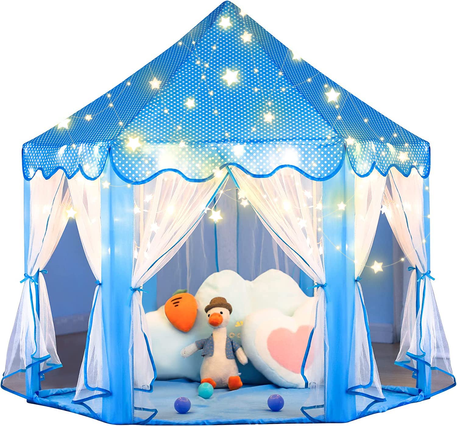 PYEBE Princess Castle Tent for Girls Boys, for Girls Boys with LED Star Lights, Gift for Children Toddlers Indoor and Outdoor Games, Princess Tent, 55x53 inch (Blue Tent)