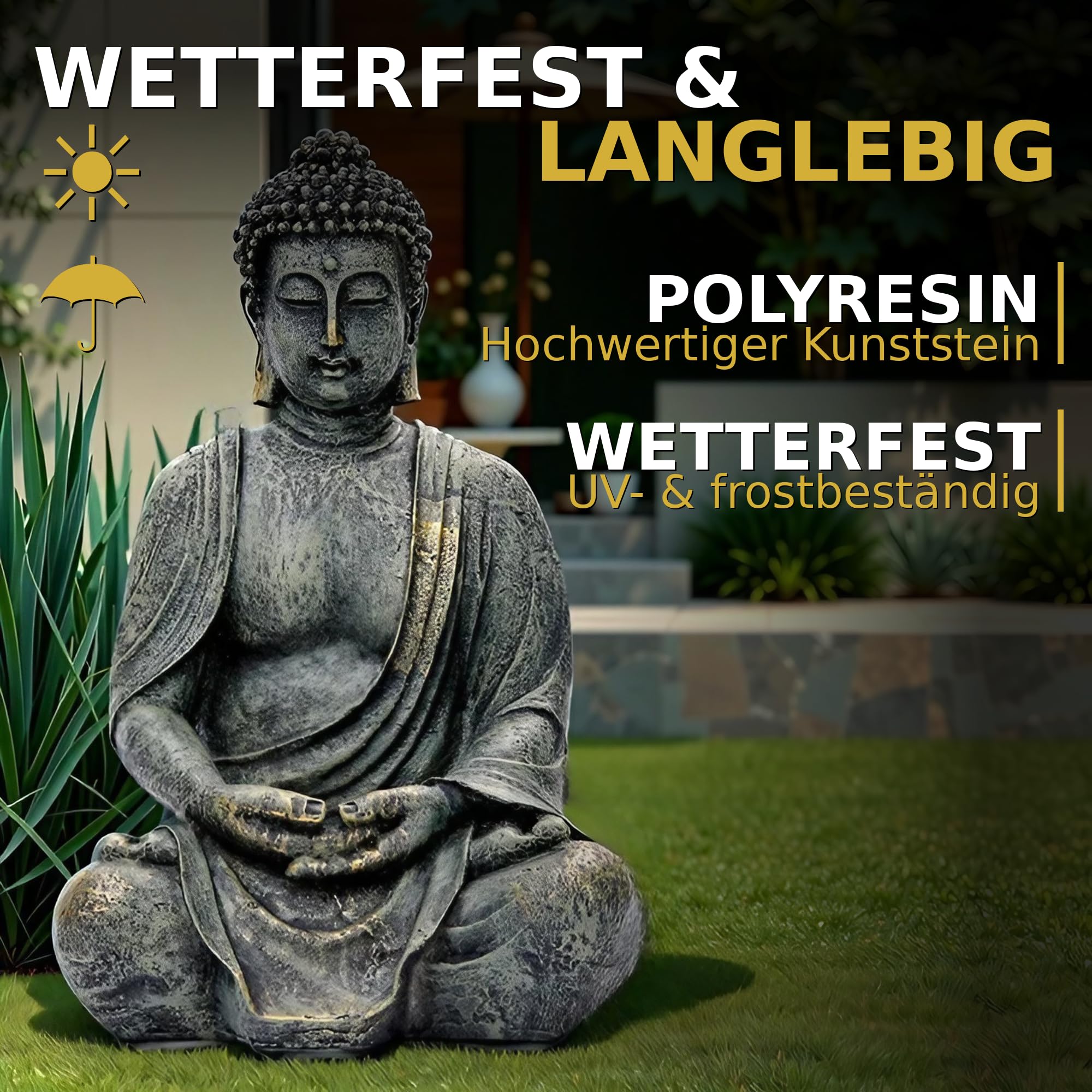 Buddha Figur Garten Gross 38cm - Sitzende Buddha Statue Wetterfest & Frostsicher aus Polyresin - Gartenfigur Fuer Innen & Aussen - Deko Terrasse Balkon Feng Shui Skulptur