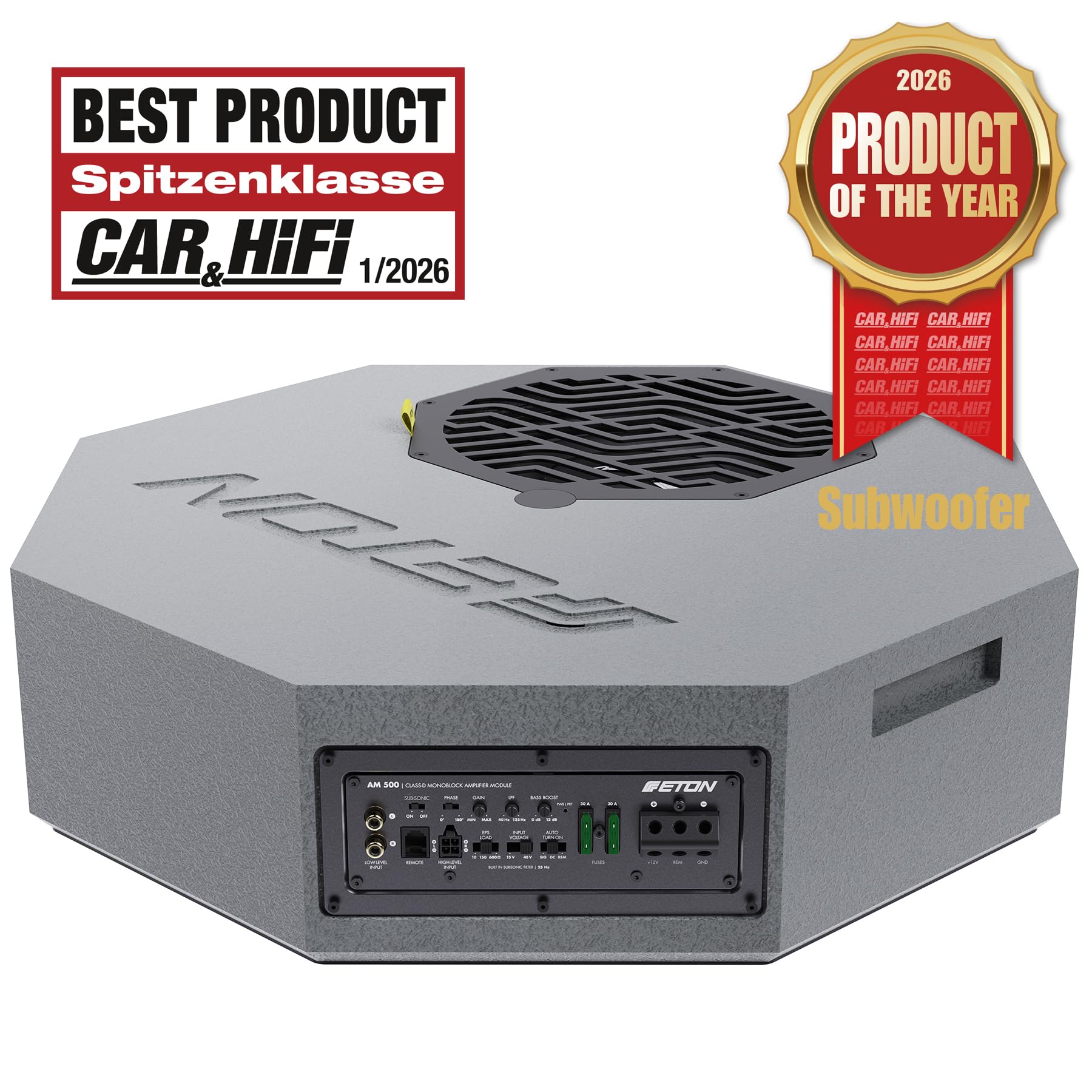 ETON Res 10 AR – Flacher Aktiv-Subwoofer für Reserverad-Mulde, aktive Bassreflex Bassbox mit potentem 25 cm / 10“ Woofer, Gehäuse nur 14,8 cm hoch, 540 Watt RMS Verstärkerleistung