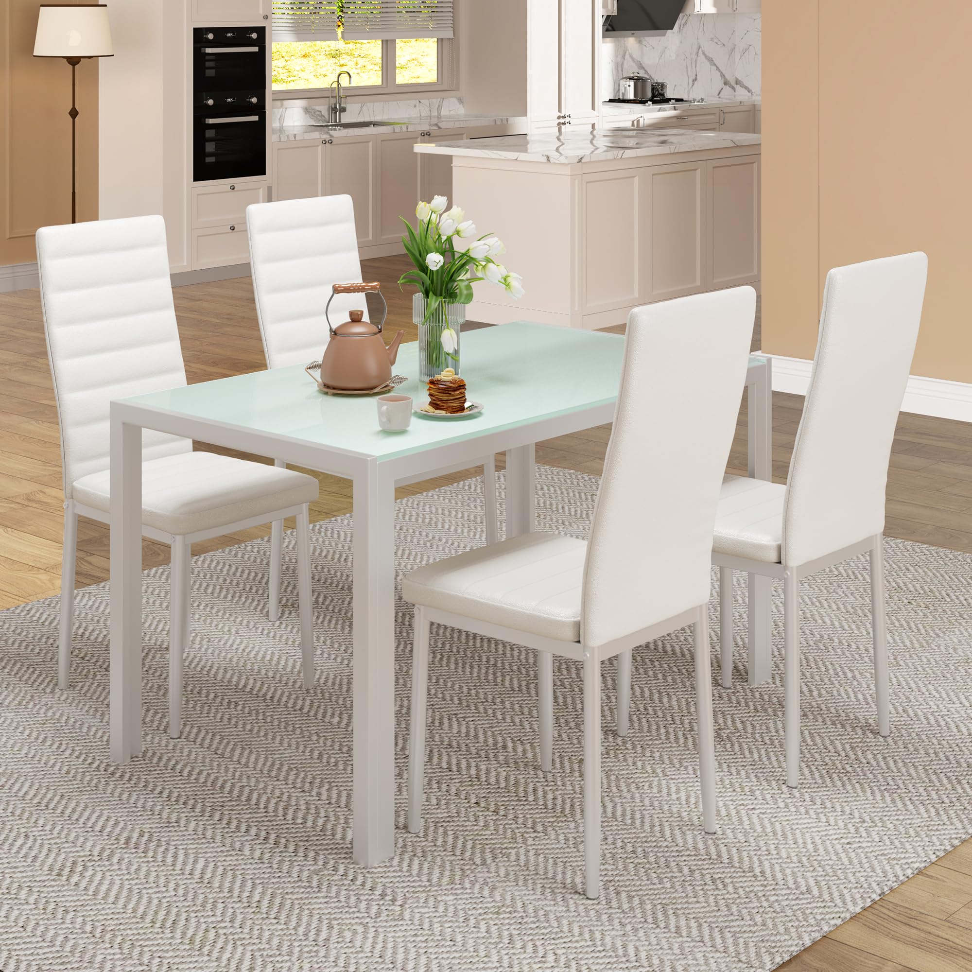 Bealife Set Tavolo e Sedie da Pranzo, 4 Sedie Confortevoli, Tavolo in Vetro Temperato, per Cucina, Stanza da Pranzo e Soggiorno (4 sedie, bianca)