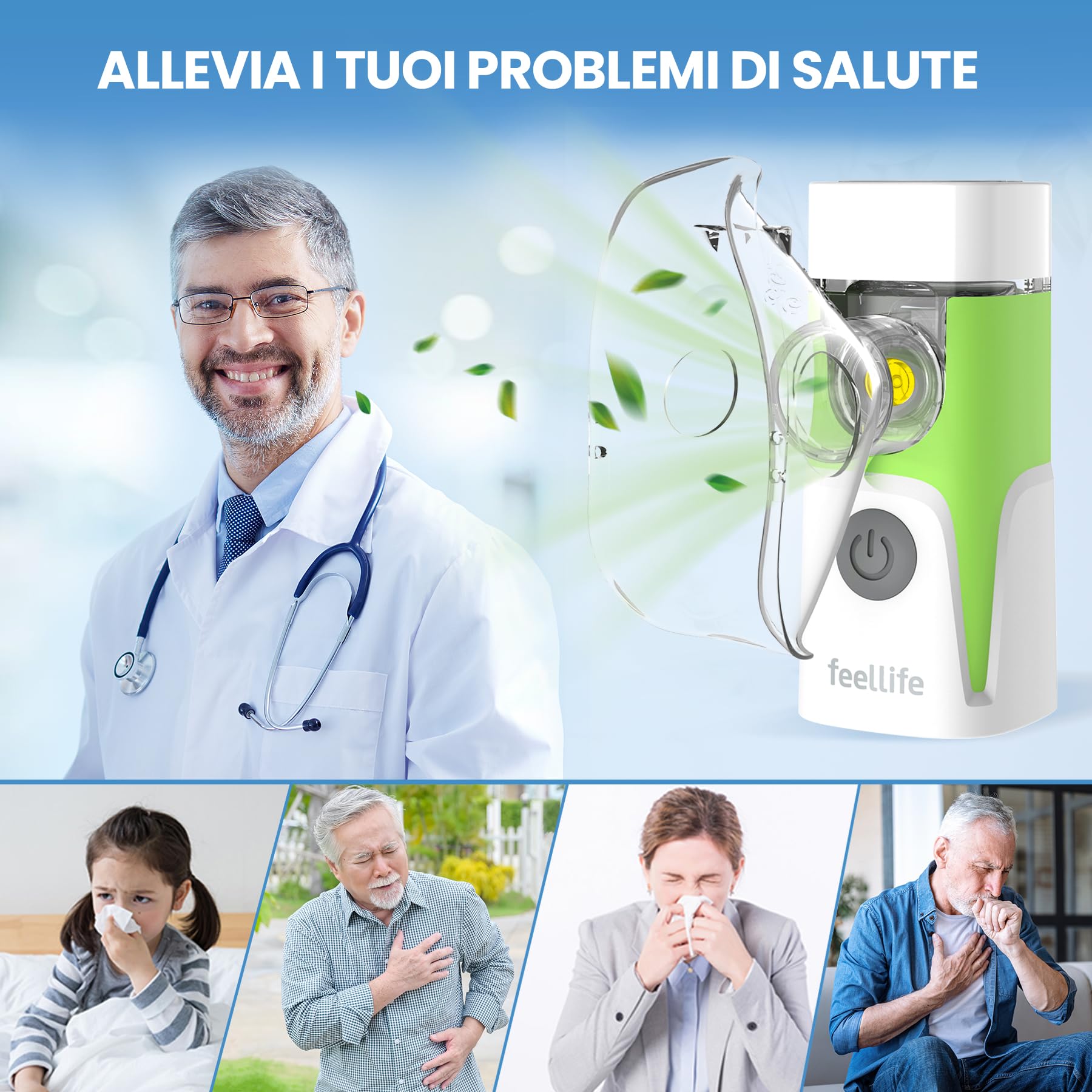 FEELLIFE Aerosol Portatile Silenzioso,Aerosol Portatile per Adulti e Bambini, Aerosol Ricaricabile con 2 Maschere E Boccaglio E Parte Sostituibile-Verde