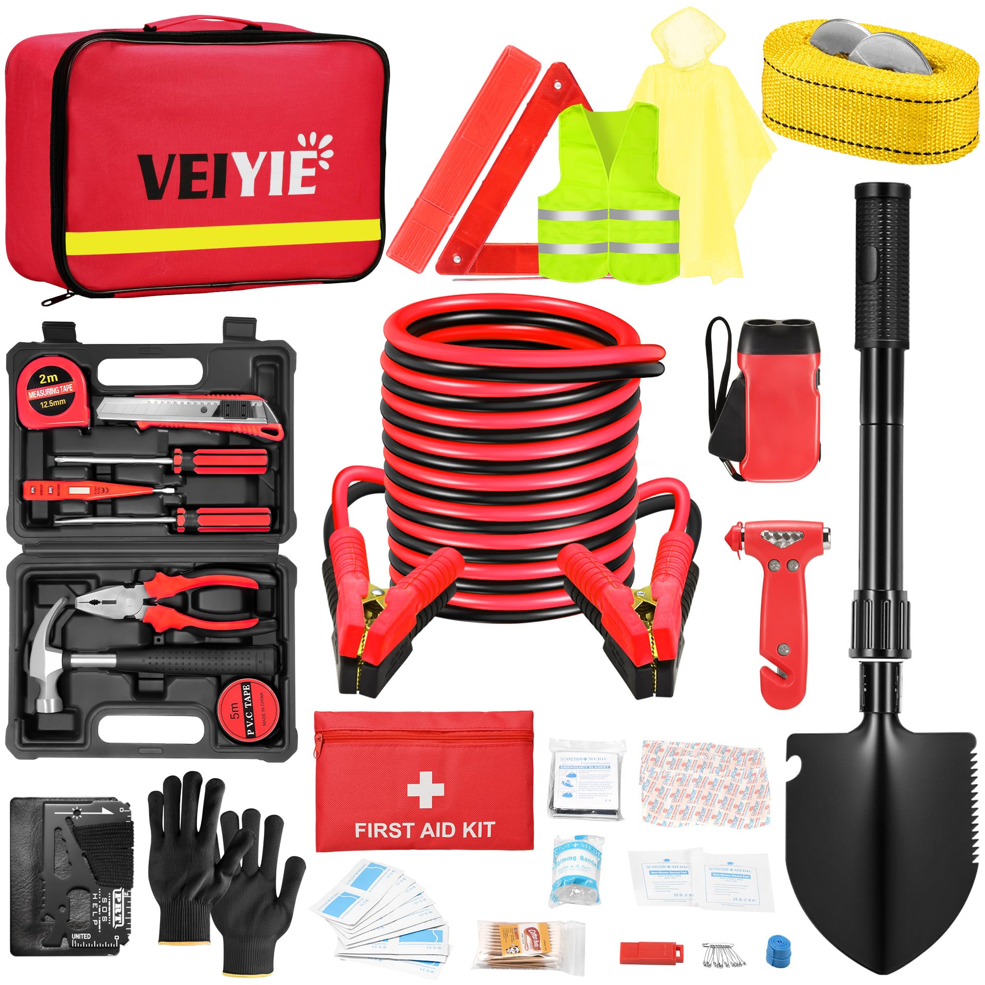 Car Emergency Kit - Roadside Assistance Kit with 10FT Jumper Cables, Tow Strap, Tool Kit, Reflective Warning Triangle, Road Trip Essentials, for New Drivers, Teens