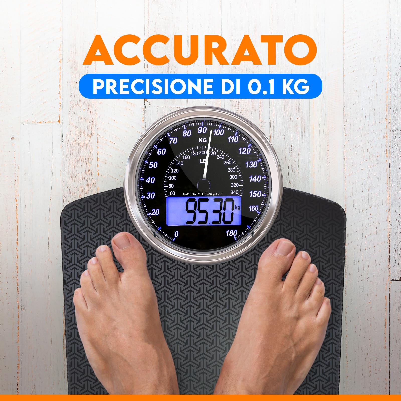 ZENO Bilancia Pesapersone Ibrida - NUOVO - Digitale & Analogica 2-in-1 - Fino a 180 kg - Ampio Display con Retroilluminazione - Robusto Vetro Temperato - Lettura Facile - Nova Nera