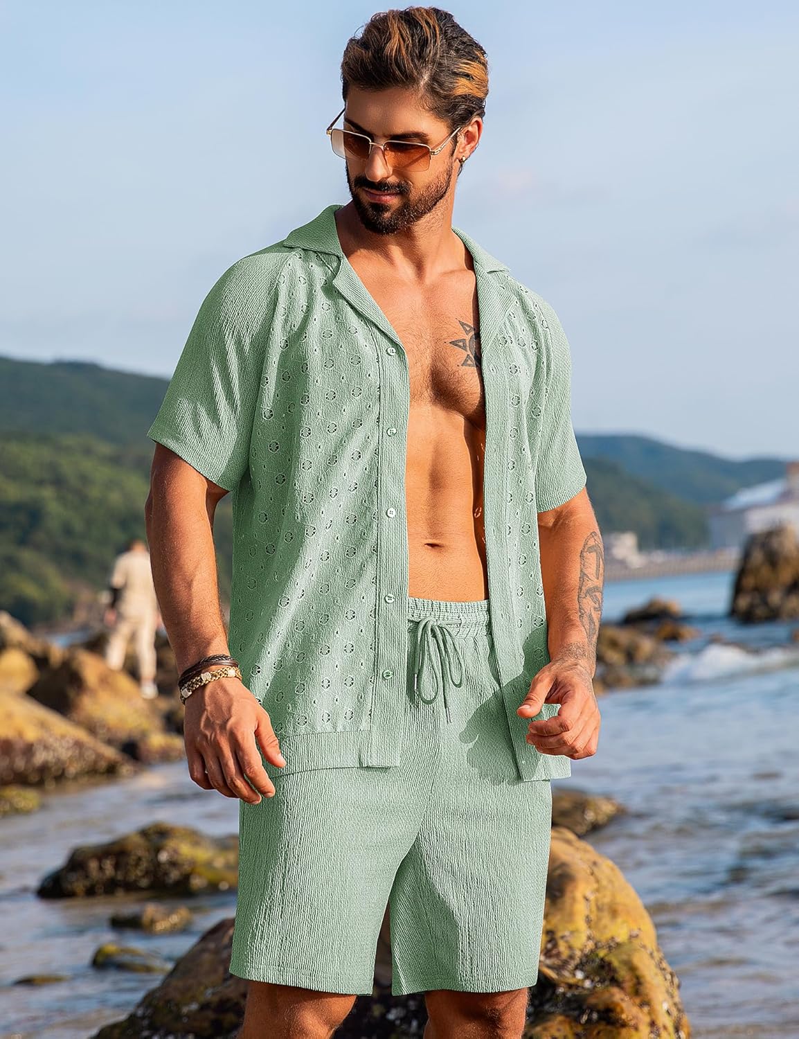 URRU Men's 2 Piece Short Set Beach Vacation Outfits Casual Summer Short Sleeve Button Down Shirt and Shorts Set - Image 4