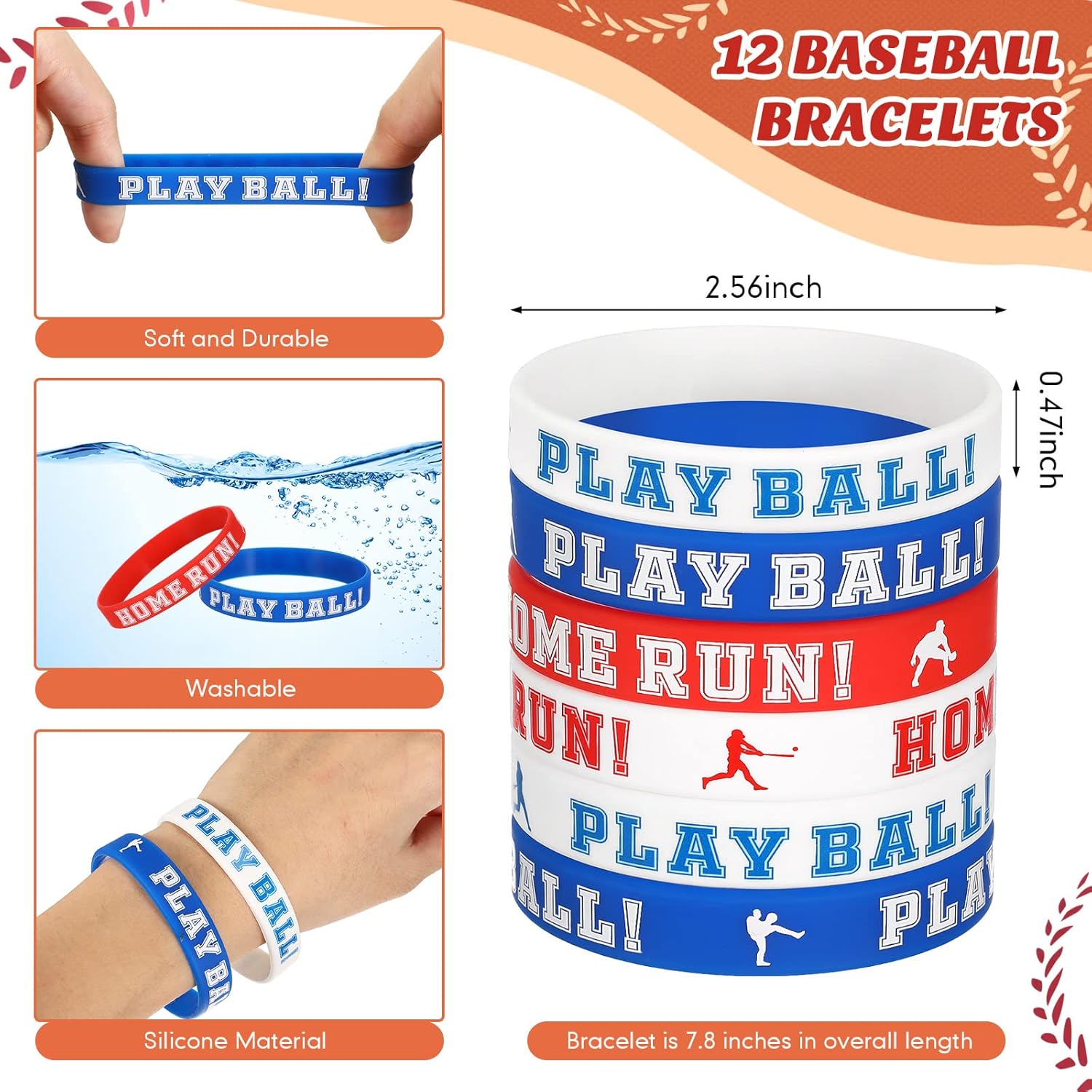LEIFIDE 48 Pcs Baseball Party Favors 12 Sets Silicone Bracelet Drawstring Treat Bag Mini Stress Ball Keychains for Baseball Birthday Party Supplies - Image 2