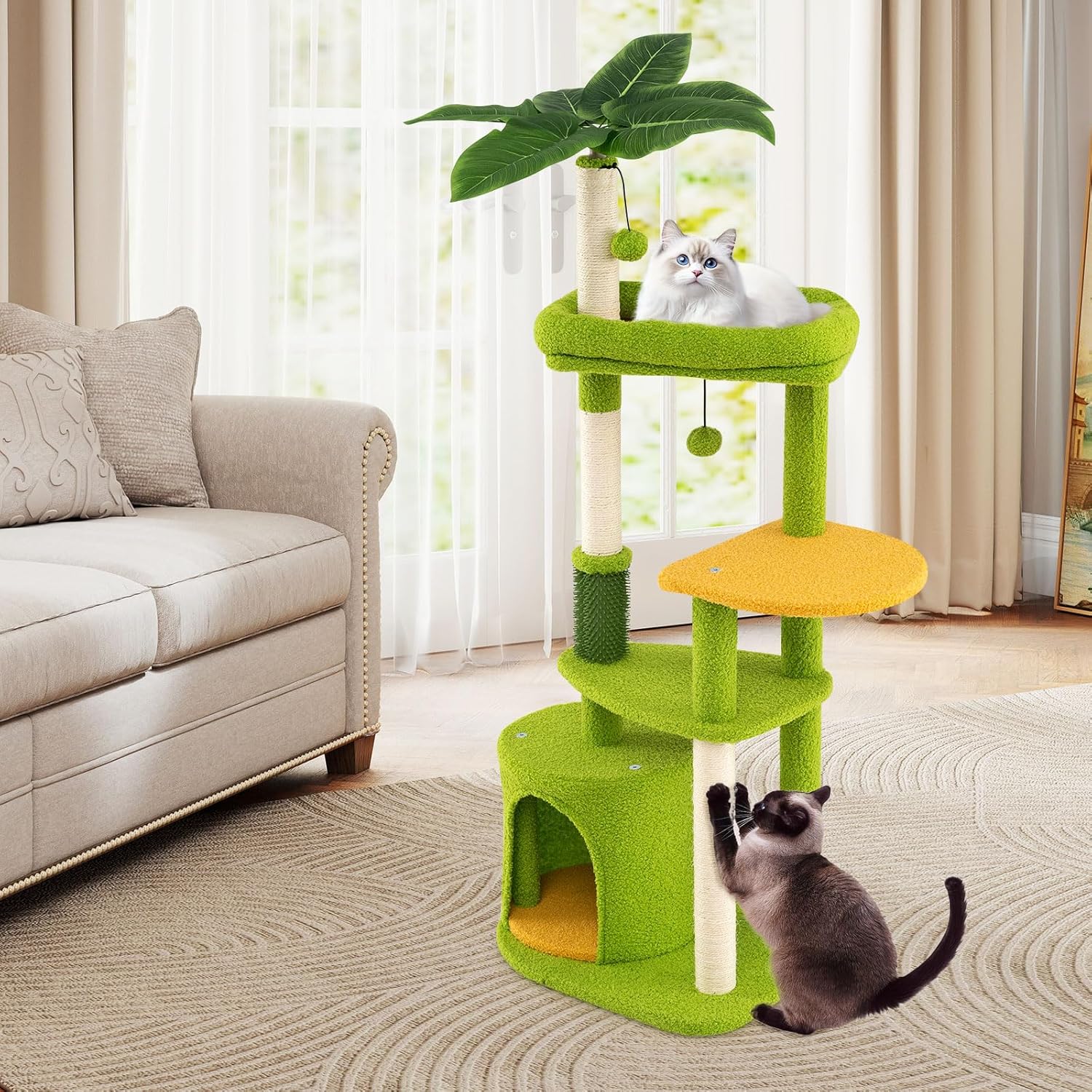 Tangkula Palm Cute Cat Tree, Cat Tower with Sisal Scratching Posts, Padded Top Perch, Condo, Self Groomer, Jumping Platforms & Dangling Balls, Unique Cat Tree Tower with Green Leaves for Indoor Cats