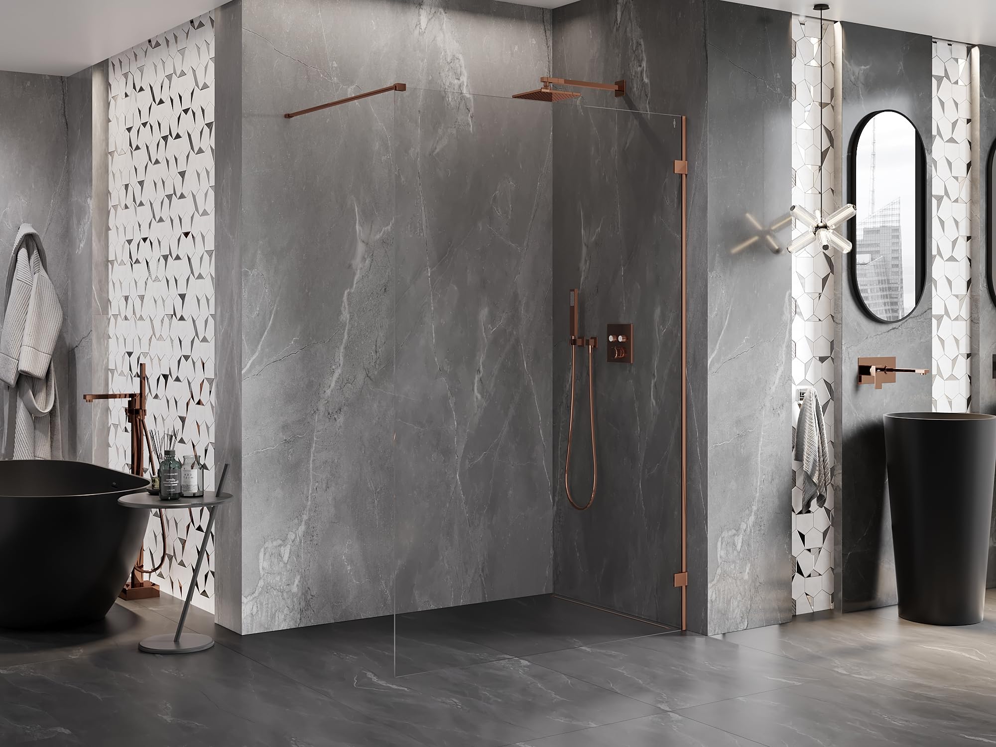 Mexen Lunar Parete Doccia Walk-In Destro 70x200 Trasparente 8mm Oro Rosa