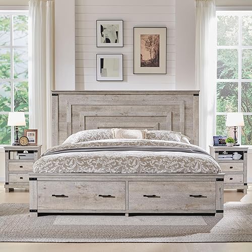 RedLemon Farmhouse King Size Wood Bed Frame with 54" Tall Geometric Headboard, 2 Large Storage Drawers, Solid Wood Slats Support, Noise Free, No Box Spring Needed, Light Rustic Oak