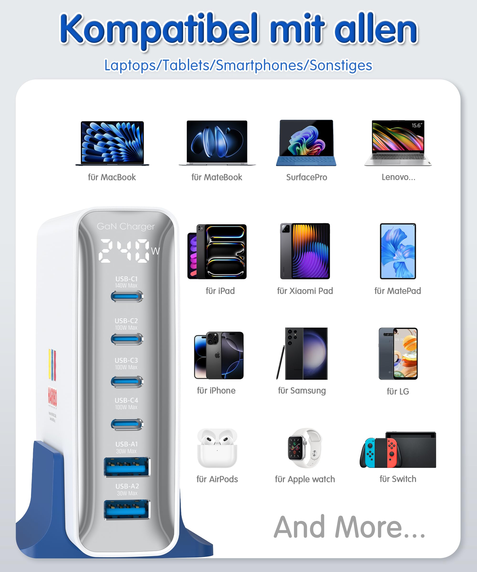 Haribo 240W USB C Ladegerät, 6-Port GaN Schnellladegerät USB-C Netzteil PD3.1 PPS für MacBook Pro/Air, für iPhone 17/16, iPad Pro, Galaxy S25/S24, für Dell XPS/Hp, Laptop ladegerät Geschenk, Rot