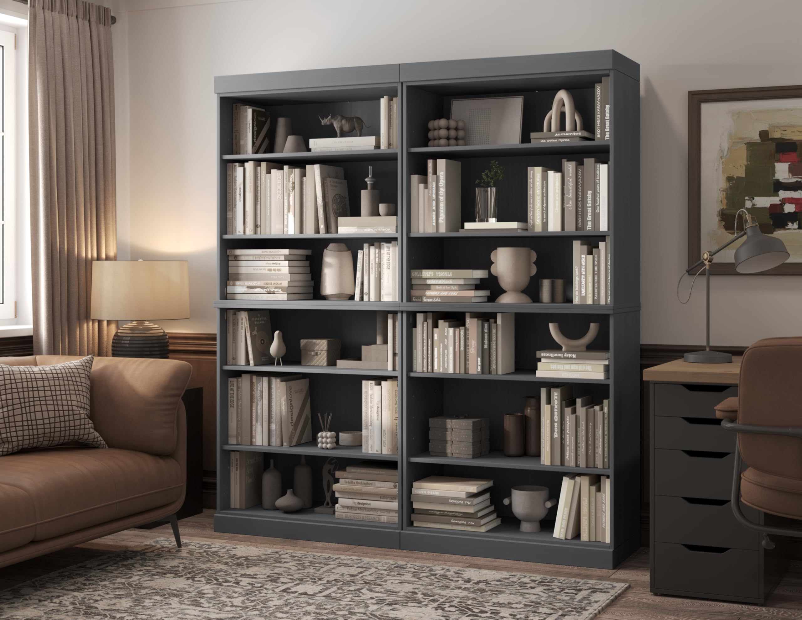 Palace Imports 12-Shelf Bookcase, 100% Solid Brazilian Pine Wood, 64" Wide, 71.5" Tall, Adjustable Shelves, Grey