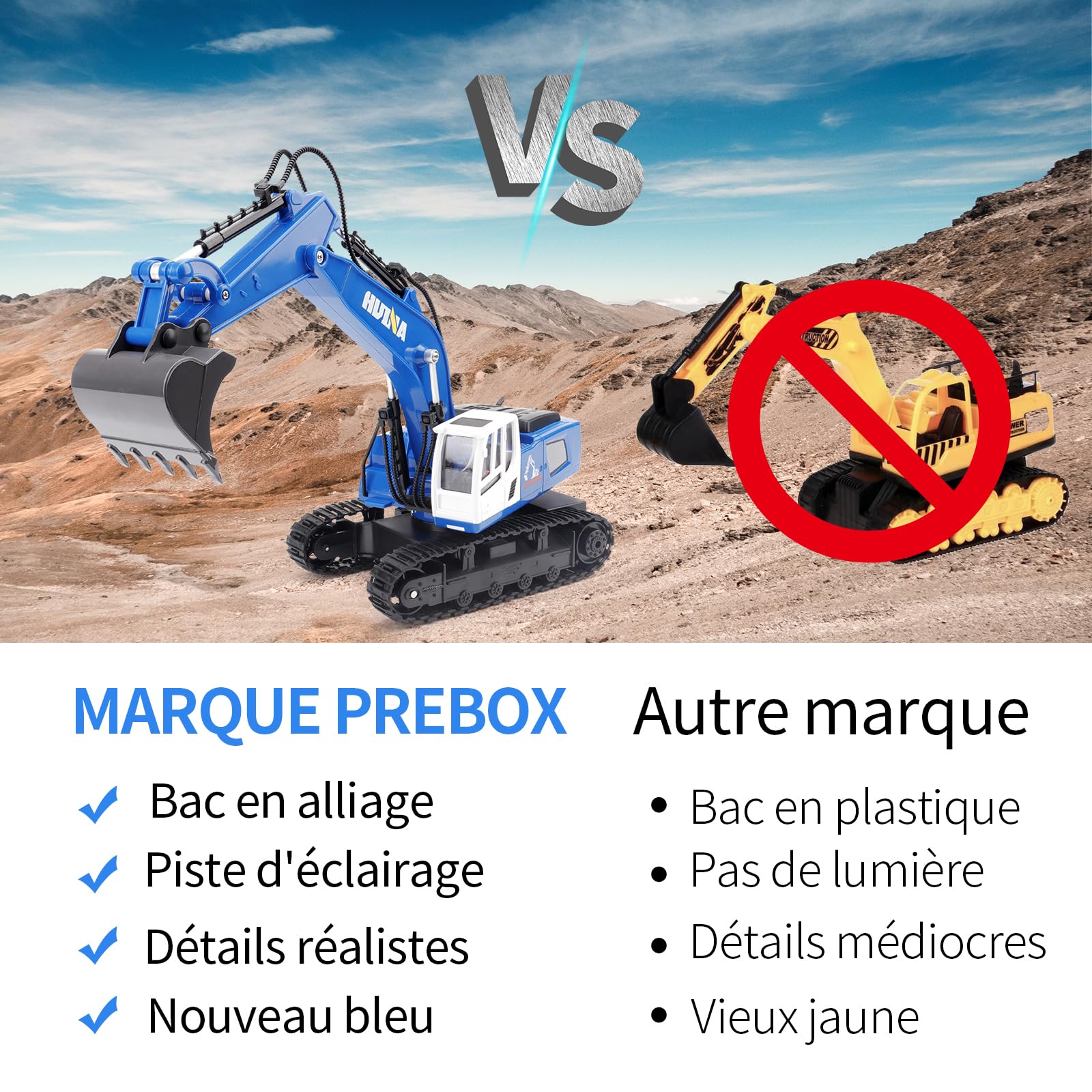PREBOX Jouets Excavateurs Télécommandés pour Garçons Rc Pelleteuse en Métal pour Les Enfants de 4 à 7, 8, 9 et 10 Ans, Idées de Cadeaux d'anniversaire, Échelle 1/18 2.4 Ghz