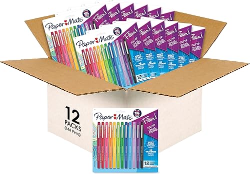 Paper Mate Flair Bolígrafos de punta de fieltro, punta media (0.028 in), colores surtidos (paquete de 12, 144 unidades en total)