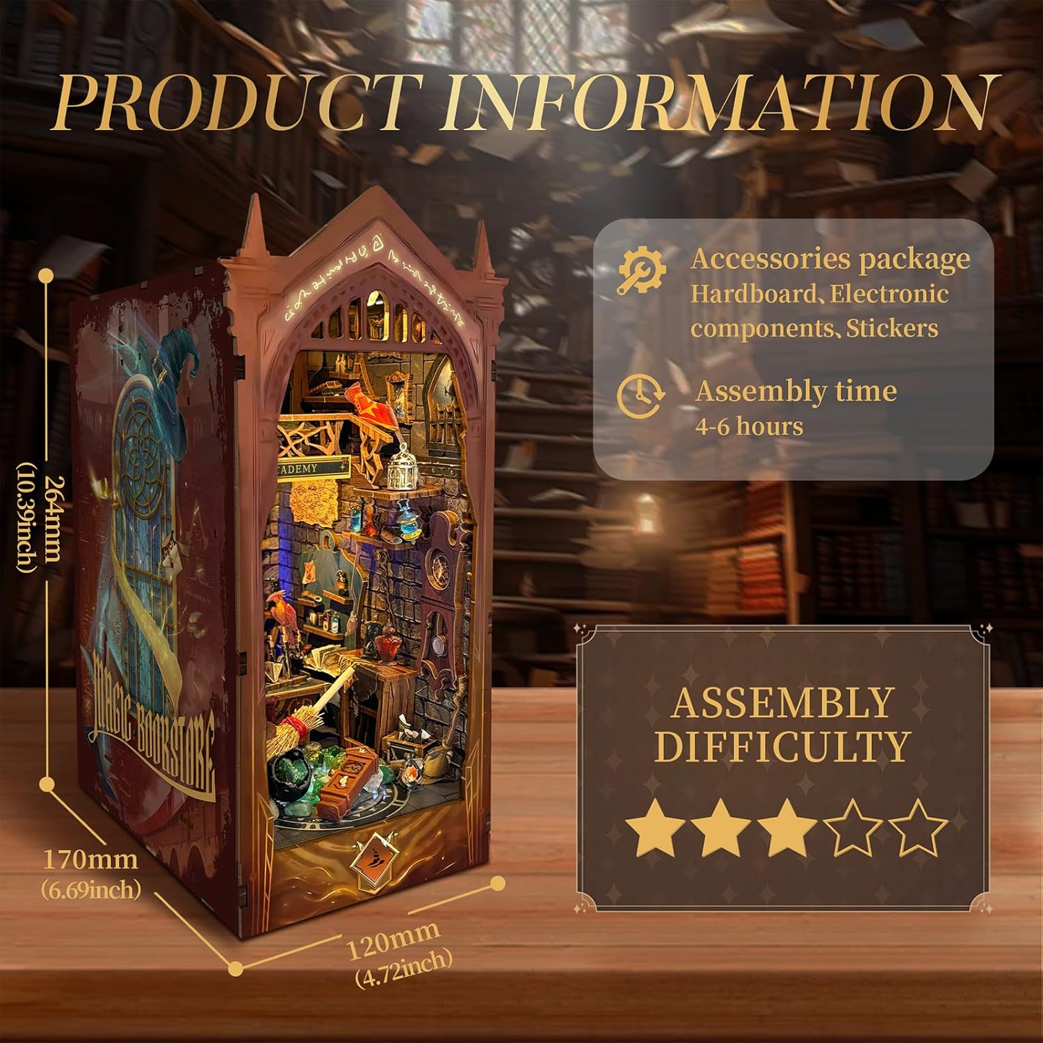 DIY Book Nook Kit, DIY Miniature Dollhouse Kit for Adults and Teens, Book Nook Bookshelf Insert Decor 3D Wooden Puzzle Bookend Miniature Kit with Sensor Light Creative Craft (Magic Academy)