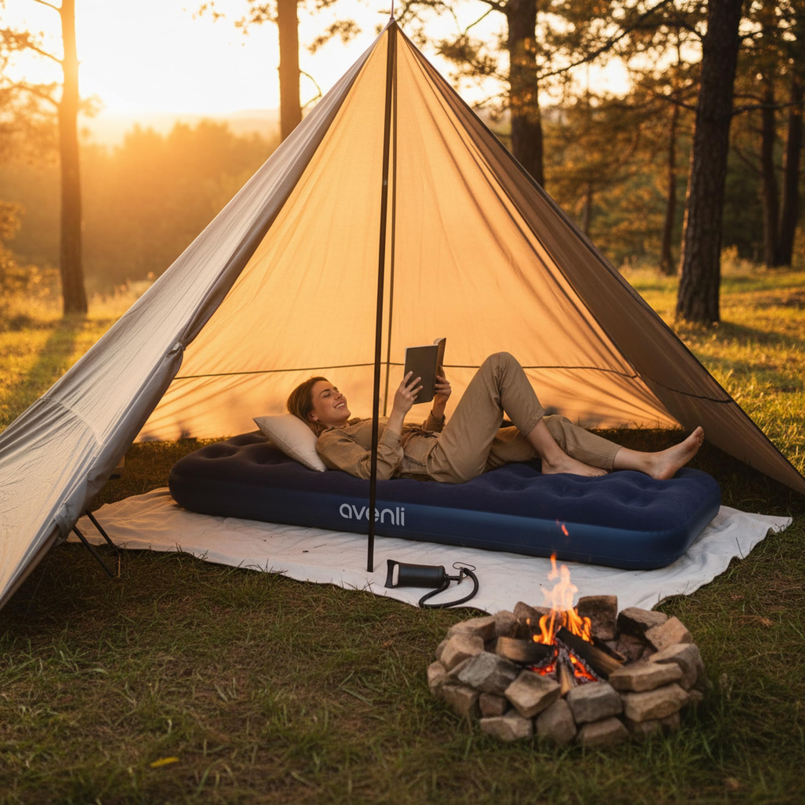 Matelas Gonflable 1 Personne Avenli 191x73x22cm - Pompe à Pied Intégrée, Surface Floquée, Pour Camping Et Maison