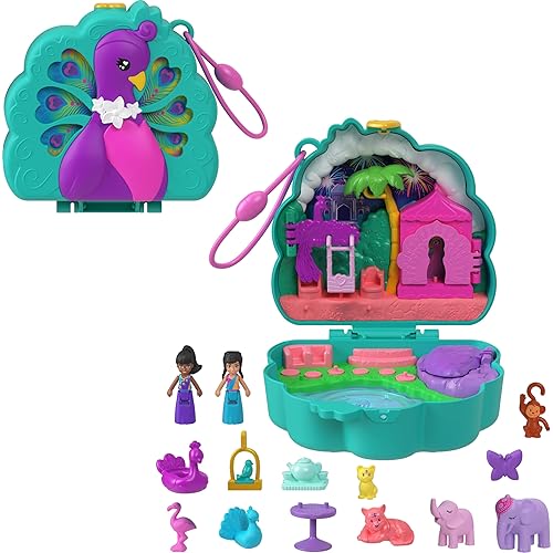 Polly Pocket Dolls & Playset, Peacock Garden Compact, Travel Toy with 2 Micro Dolls, Pets & Animal Accessories