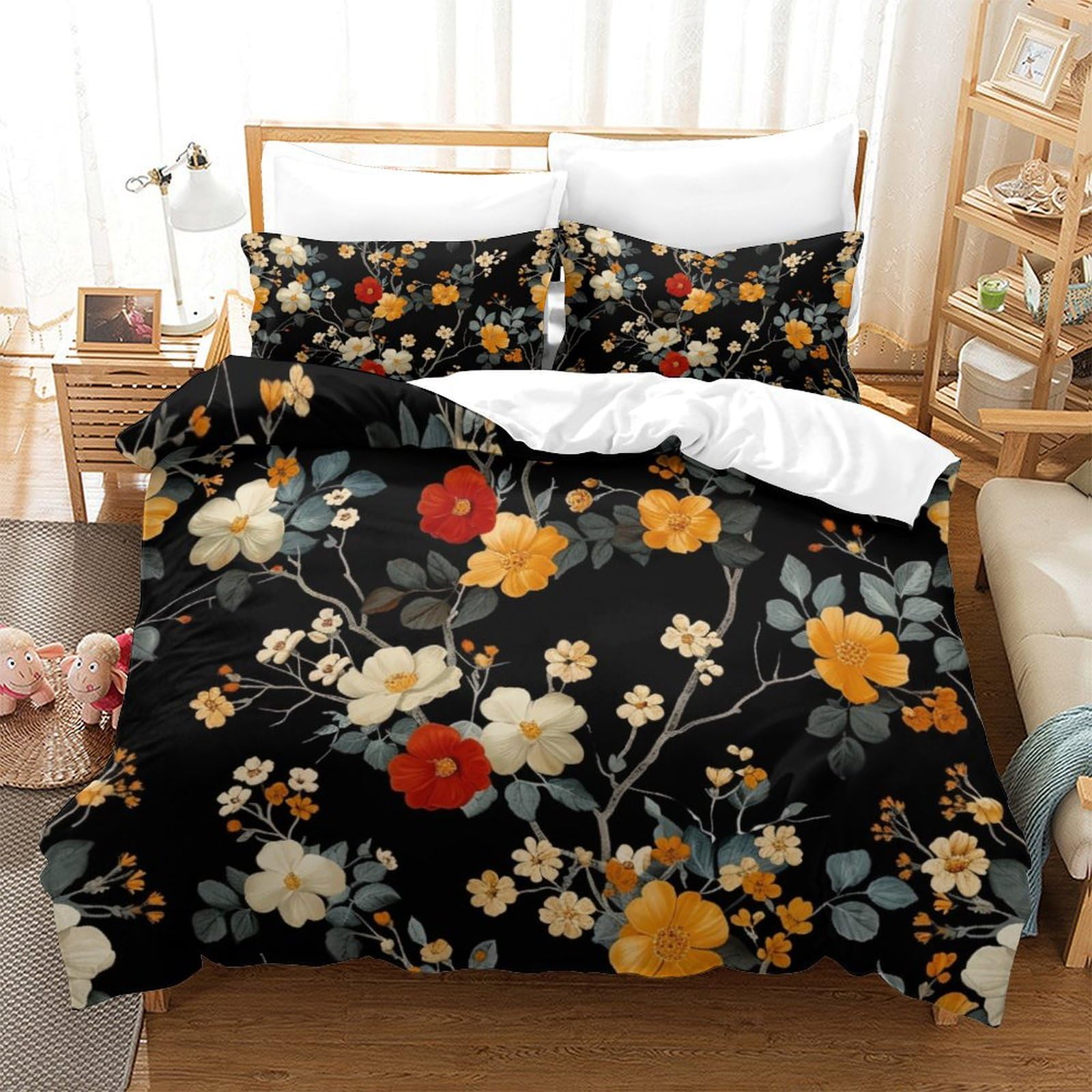 Housse de couette 260x220 cm avec taies d'oreiller fleurs douce