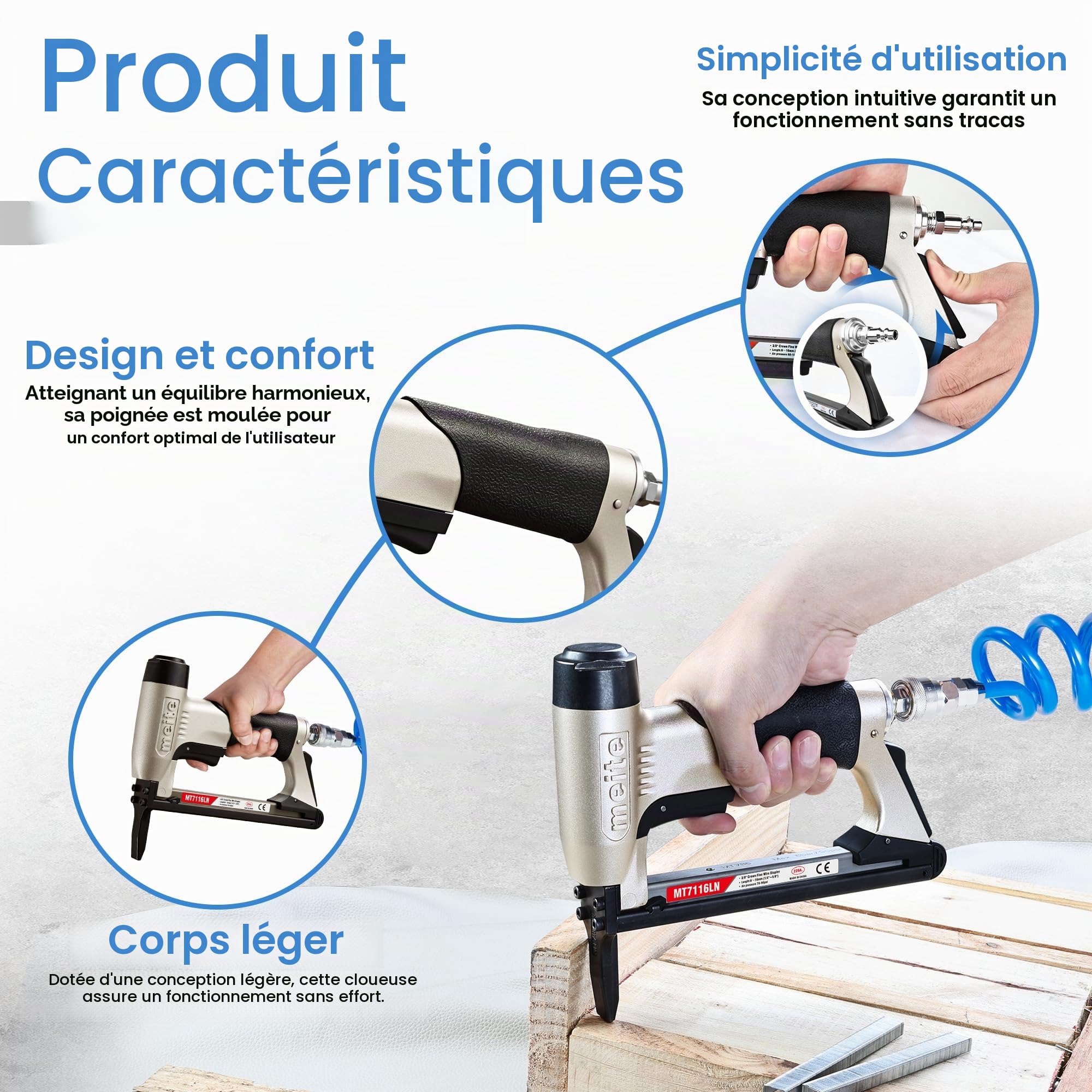 meite MT7116LN Agrafeuse Pneumatique Bec Long, Utilise des Agrafes de Type 71, Agrafes 6 à 16 mm, Couronne 9,1 mm – Pression de Travail 5-7 bar – Agrafeuse Pneumatique Pour Meubles et Travail du Bois