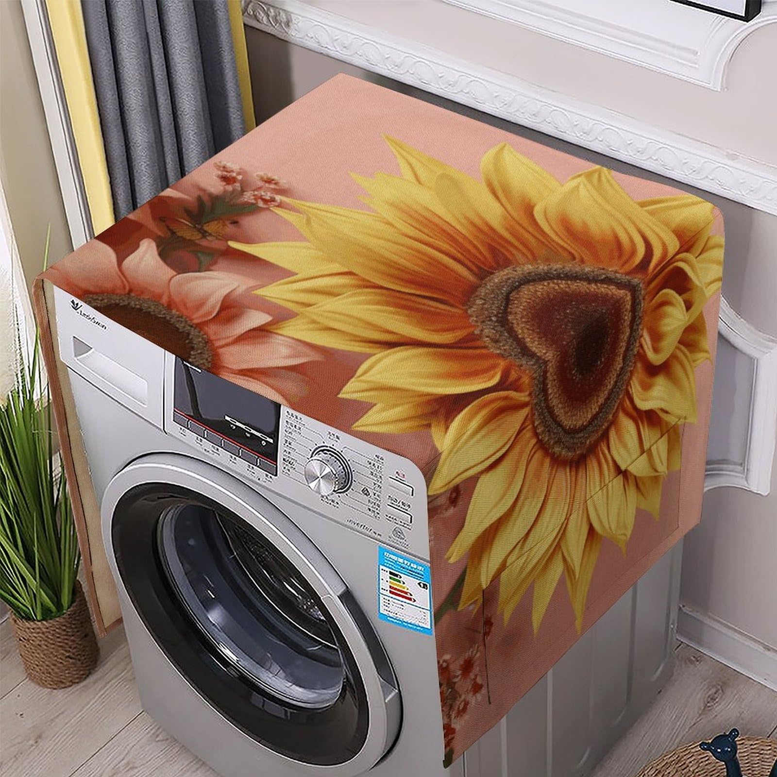 Fodpand White Washing Machine Cover For Top Load Dustproof Big Sunflower Washer And Dryer Cover With Storage Pockets Household Appliance Covers Washable Top Protector Mat Pad For Laundry & Kitchen