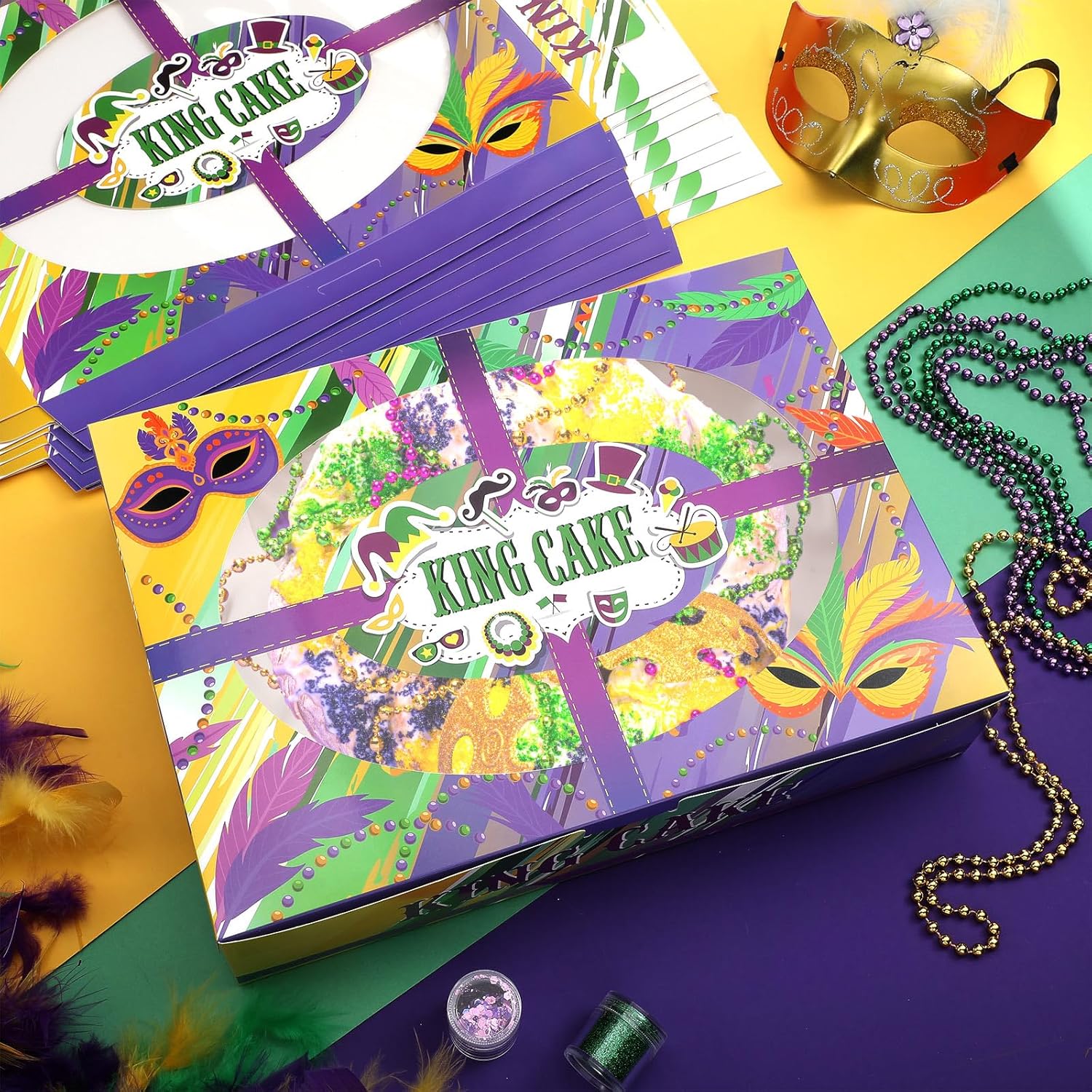 Ctosree 24 Pcs Mardi Gras King Cake Boxes with Window 14 x 10 x 3 Inches Cake Box Rectangle Cake Box Masquerade Party Goodie Gable Boxes for Mardi Gras Cake Decorating Supplies(Round Skylight)