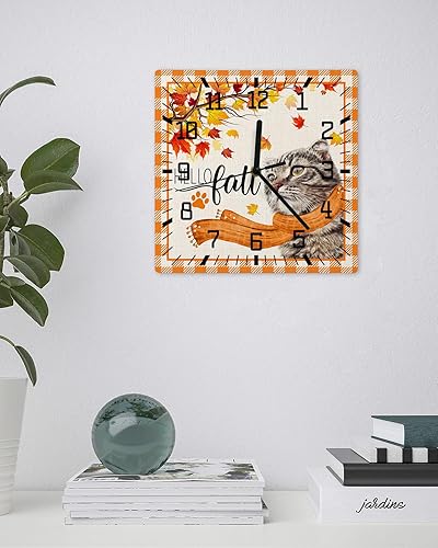 Miniatura 3 de Hello Fall Wooden Wall Clock Silent Non Ticking, Thanksgiving Cat Scarf Maple Leaf Orange Plaid Square Wall Clock Battery Operated, Decor Clock for