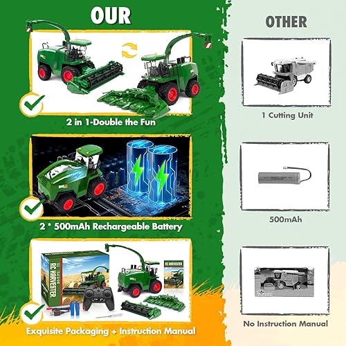 Miniatura 4 de Juguete de tractor cosechadora a control remoto, escala 124, juguetes de cosechadora RC para niños con 2 cabezas Grian2 baterías recargablesluz,